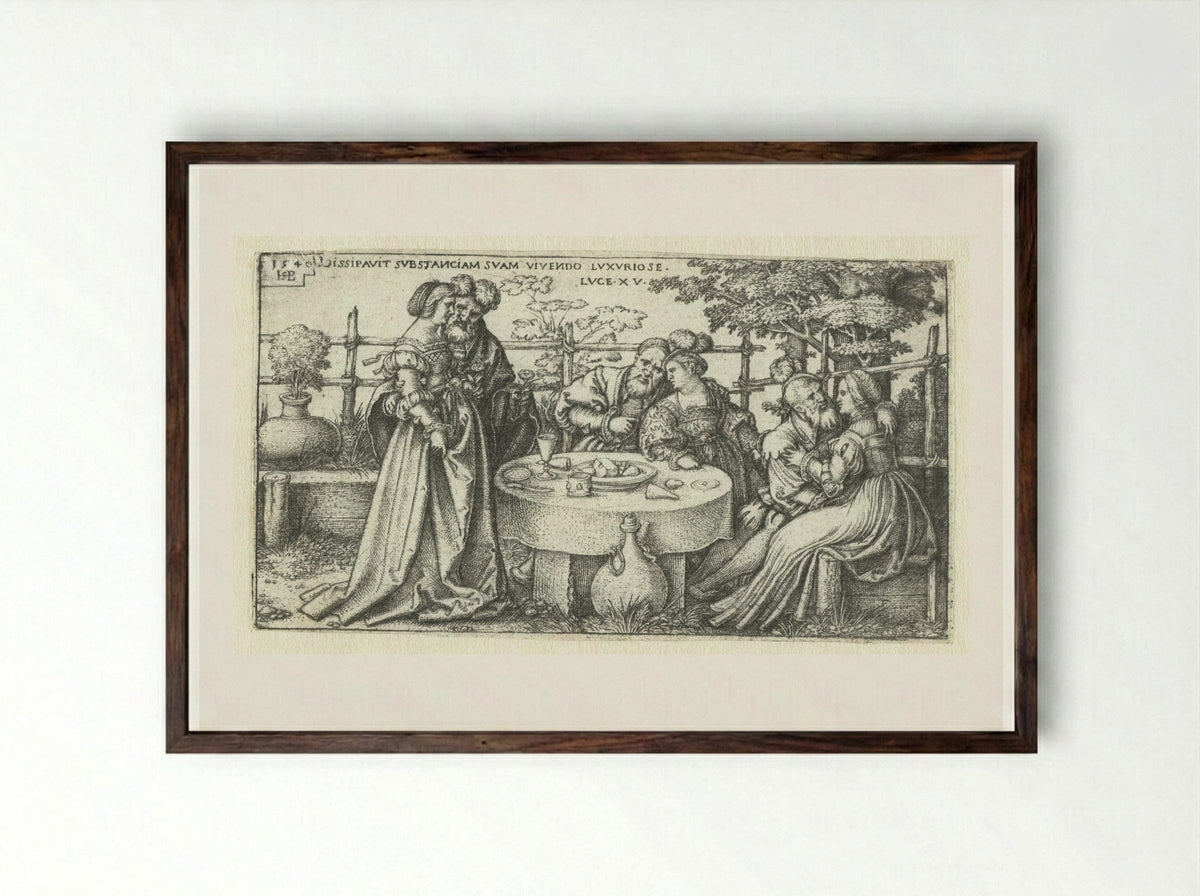 The Prodigal Son Wasting His Substance - Hans Sebald Beham - Framed Print Dark Wood