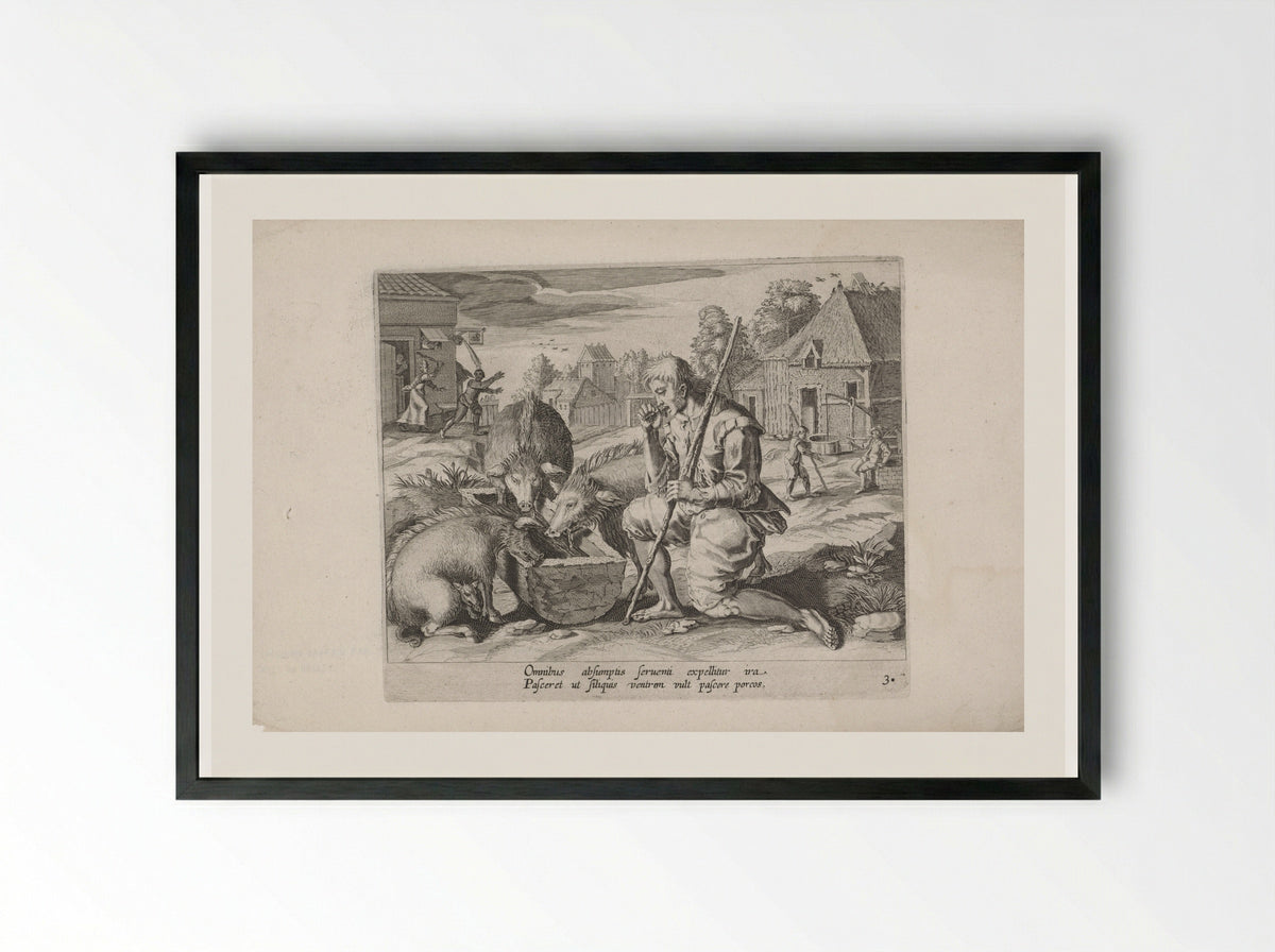 The Prodigal Son as a Swineherd - Salomon Savery - Framed Print Black