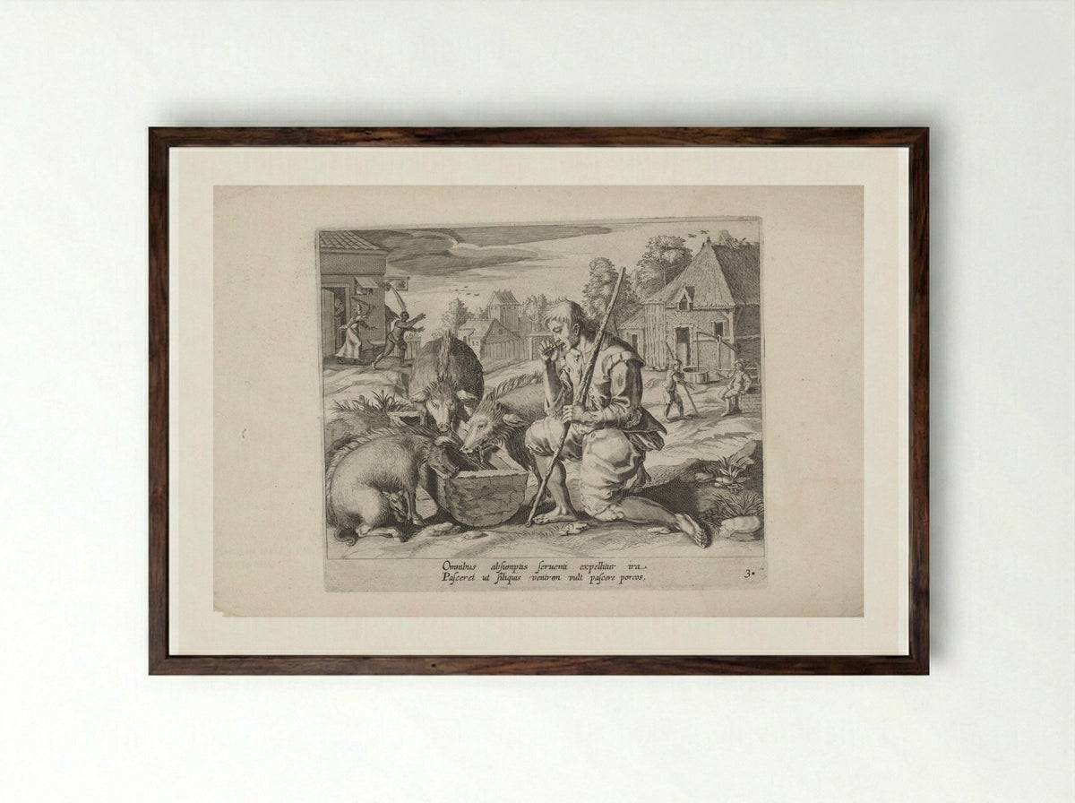 The Prodigal Son as a Swineherd - Salomon Savery - Framed Print Dark Wood