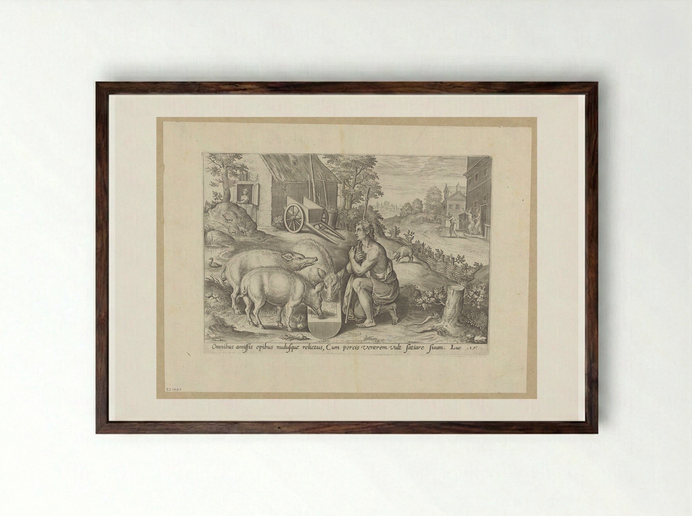 The Prodigal Son as a Swineherd - Hans Collaert the Elder - Framed Print Dark Wood