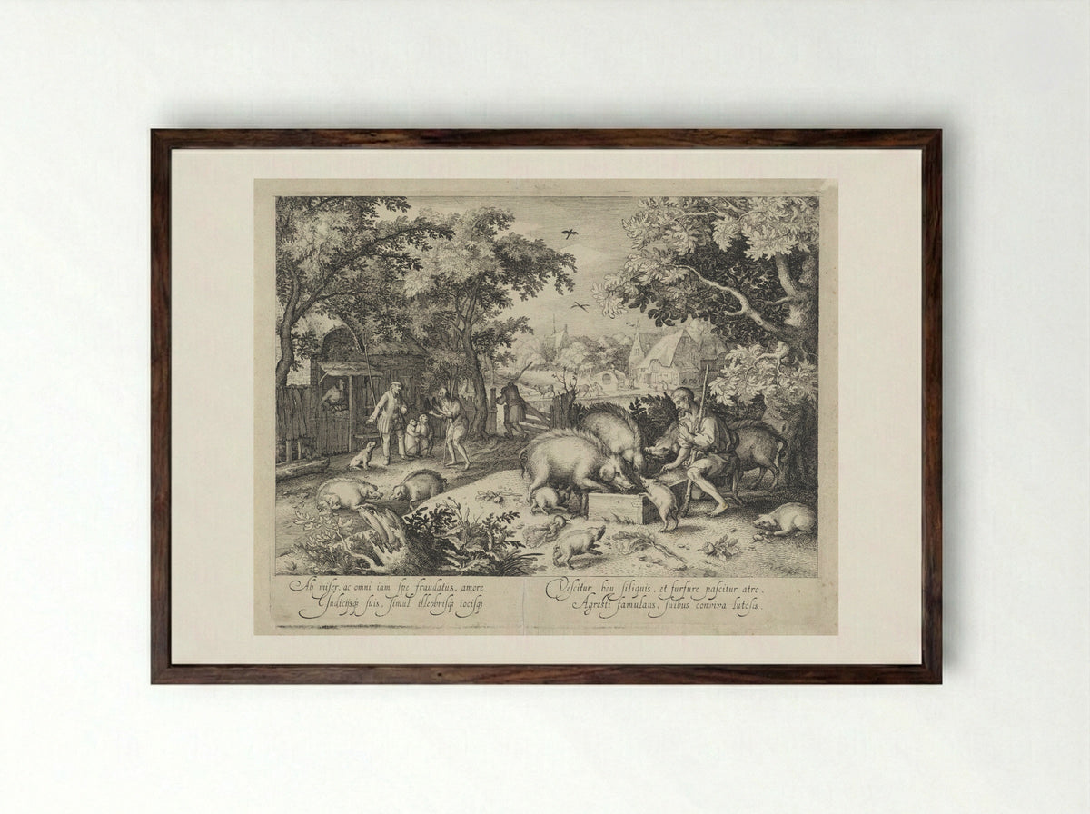 The Prodigal Son as a Swineherd - Claes Jansz. Visscher (II) - Framed Print Dark Wood