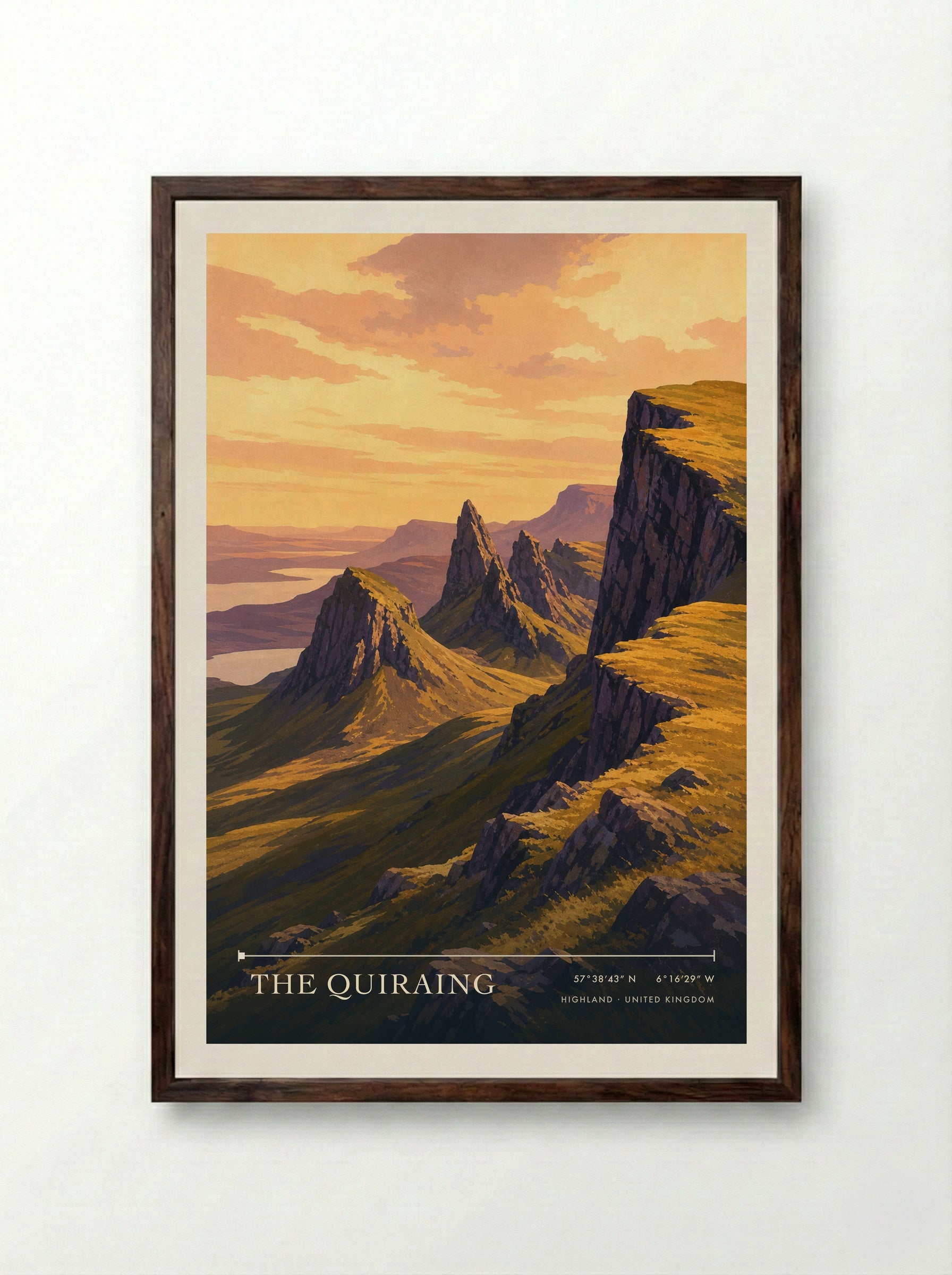 The Quiraing Highland United Kingdom Travel Poster - Framed Print Dark Wood