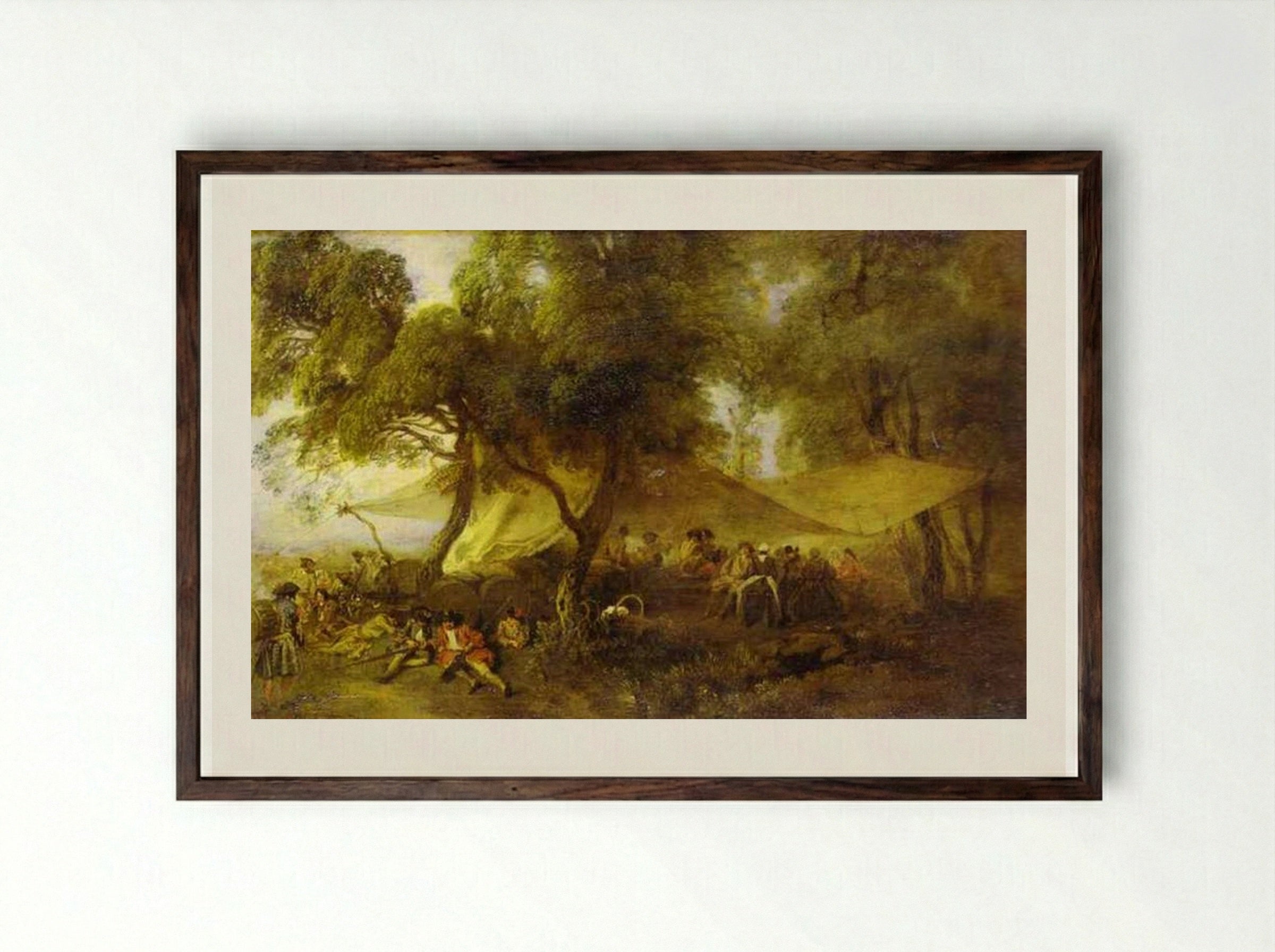 The Recreations of War - Antoine Watteau - Framed Print Dark Wood
