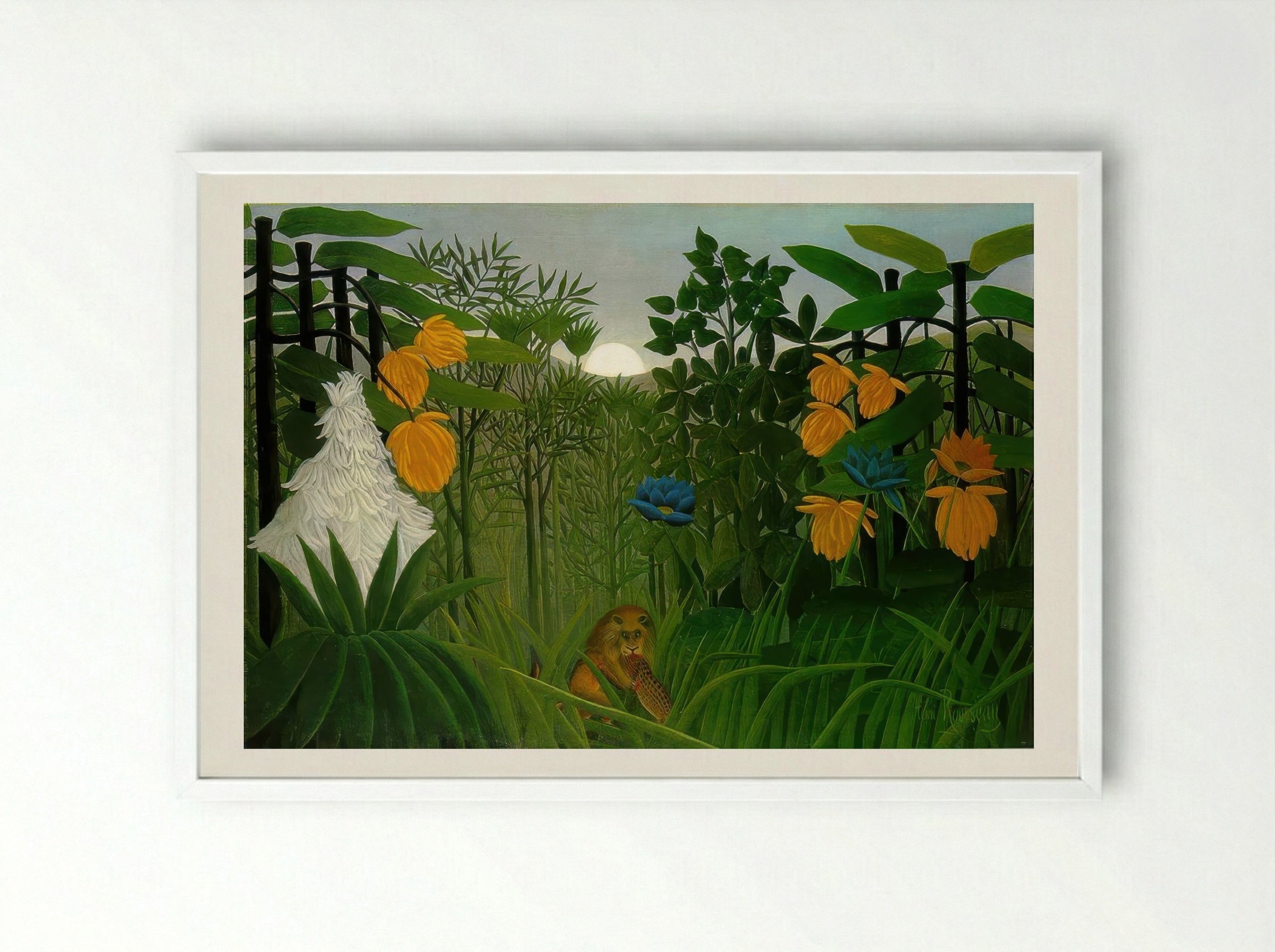 The Repast of the Lion by Henri Rousseau – Naïve Art Jungle Wildlife Print - Framed Print White
