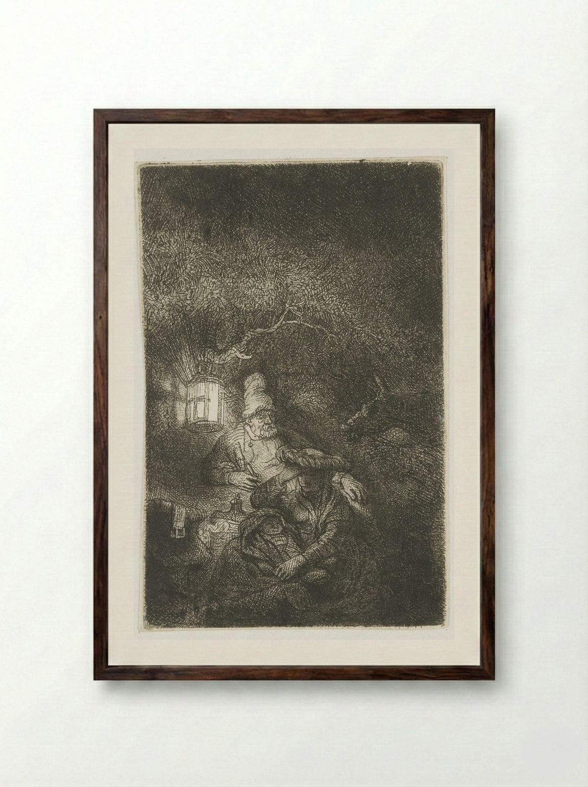 The Rest on the Flight into Egypt - Rembrandt van Rijn - Framed Print Dark Wood