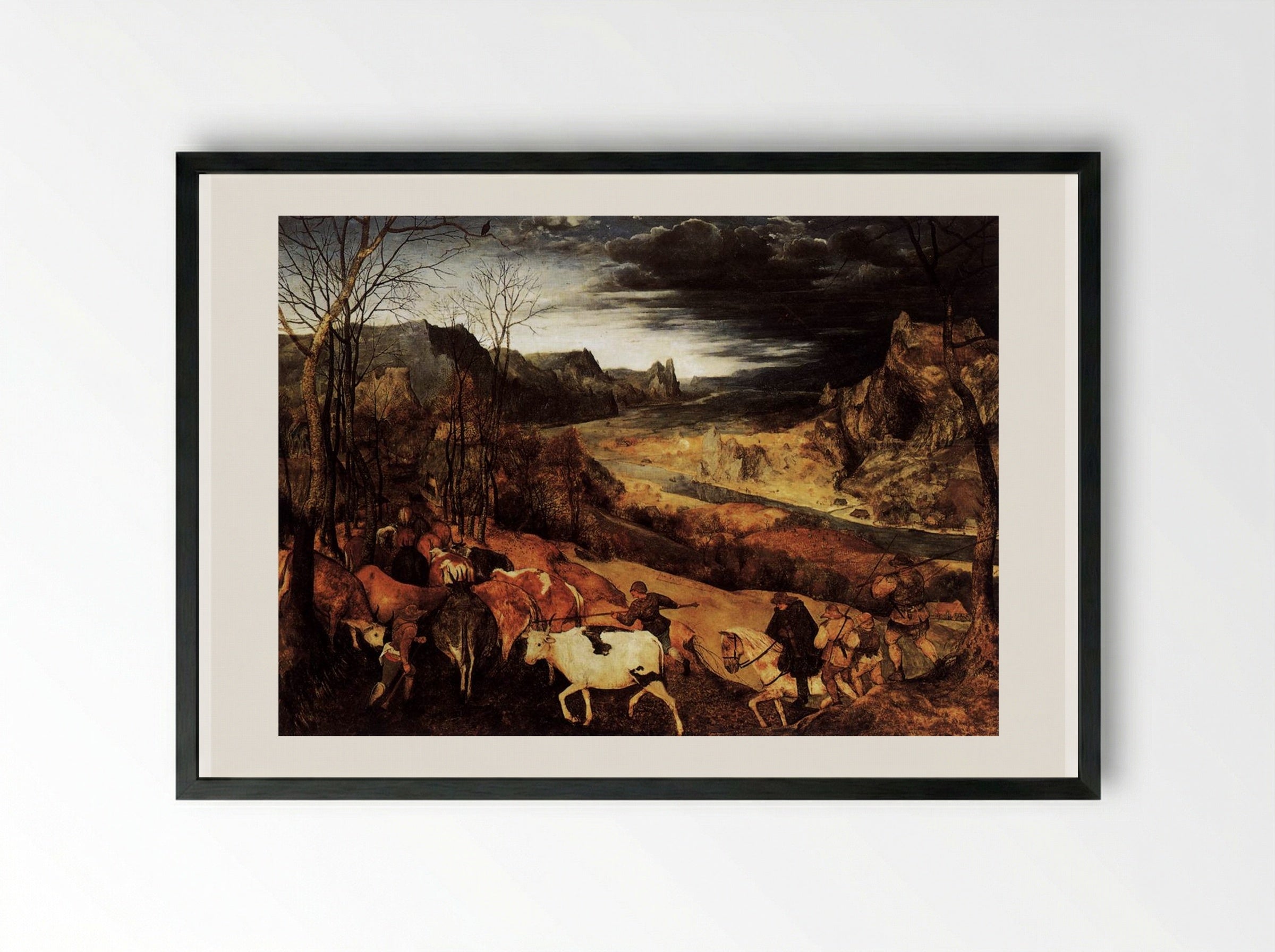 The Return of the Herd (Autumn) - Pieter Bruegel the Elder - Framed Print Black