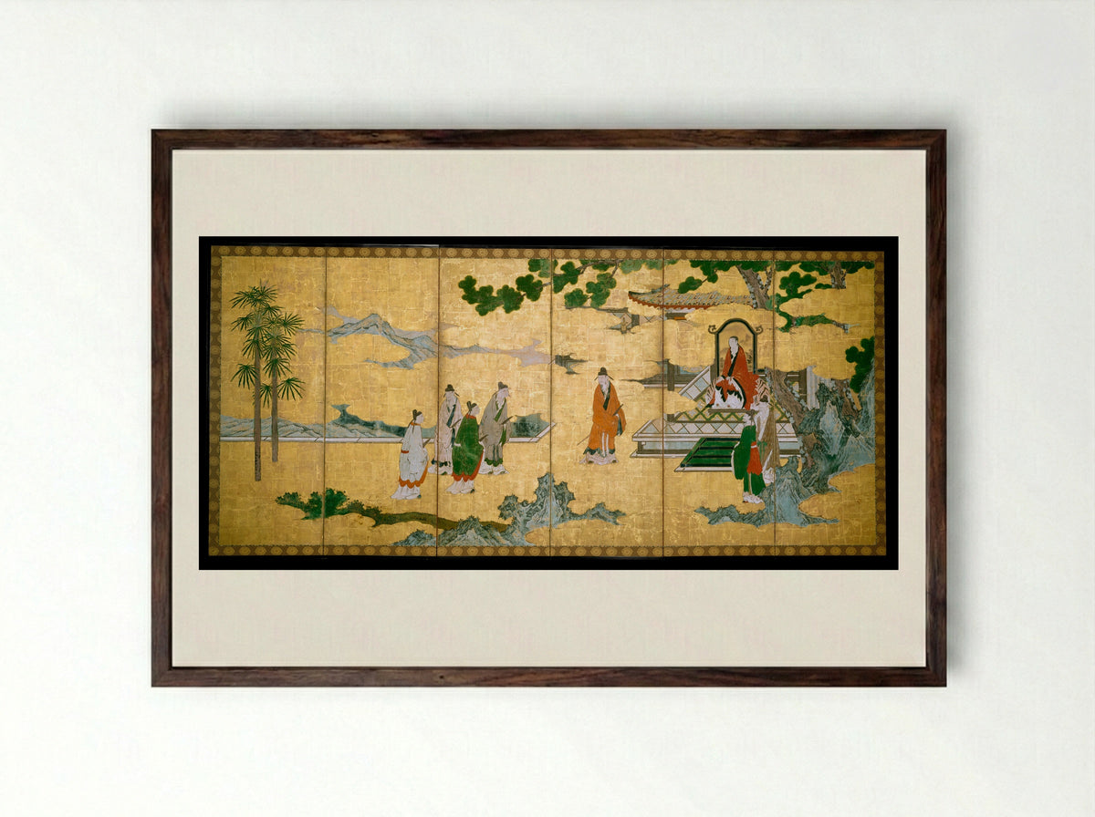 The Return to Court of the Four Graybeards of Mount Shang - Kano Mitsunobu - Framed Print Dark Wood