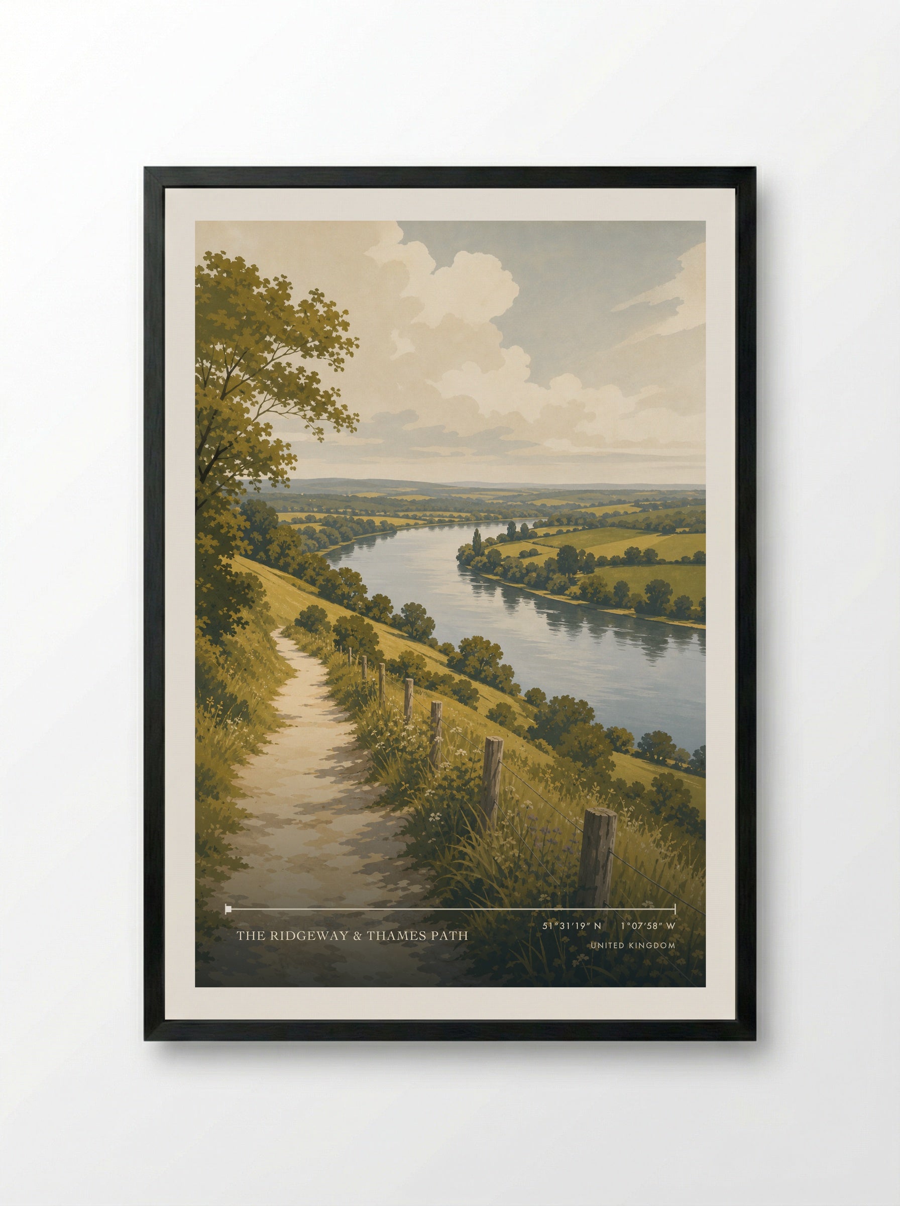 The Ridgeway & Thames Path United Kingdom Travel Poster - Framed Print Black