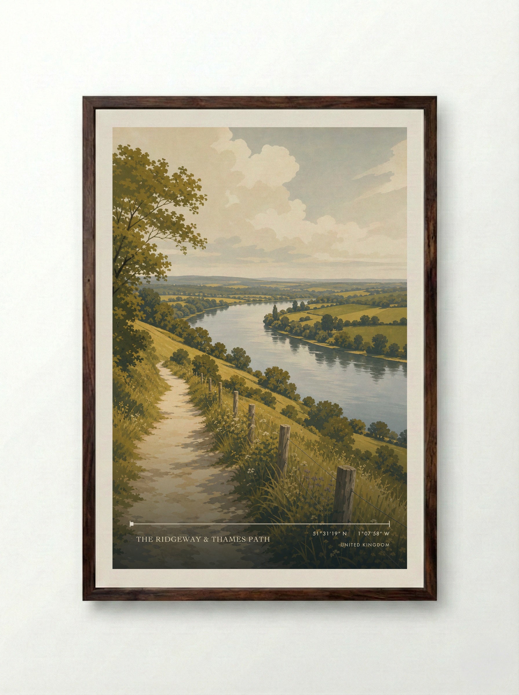 The Ridgeway & Thames Path United Kingdom Travel Poster - Framed Print Dark Wood