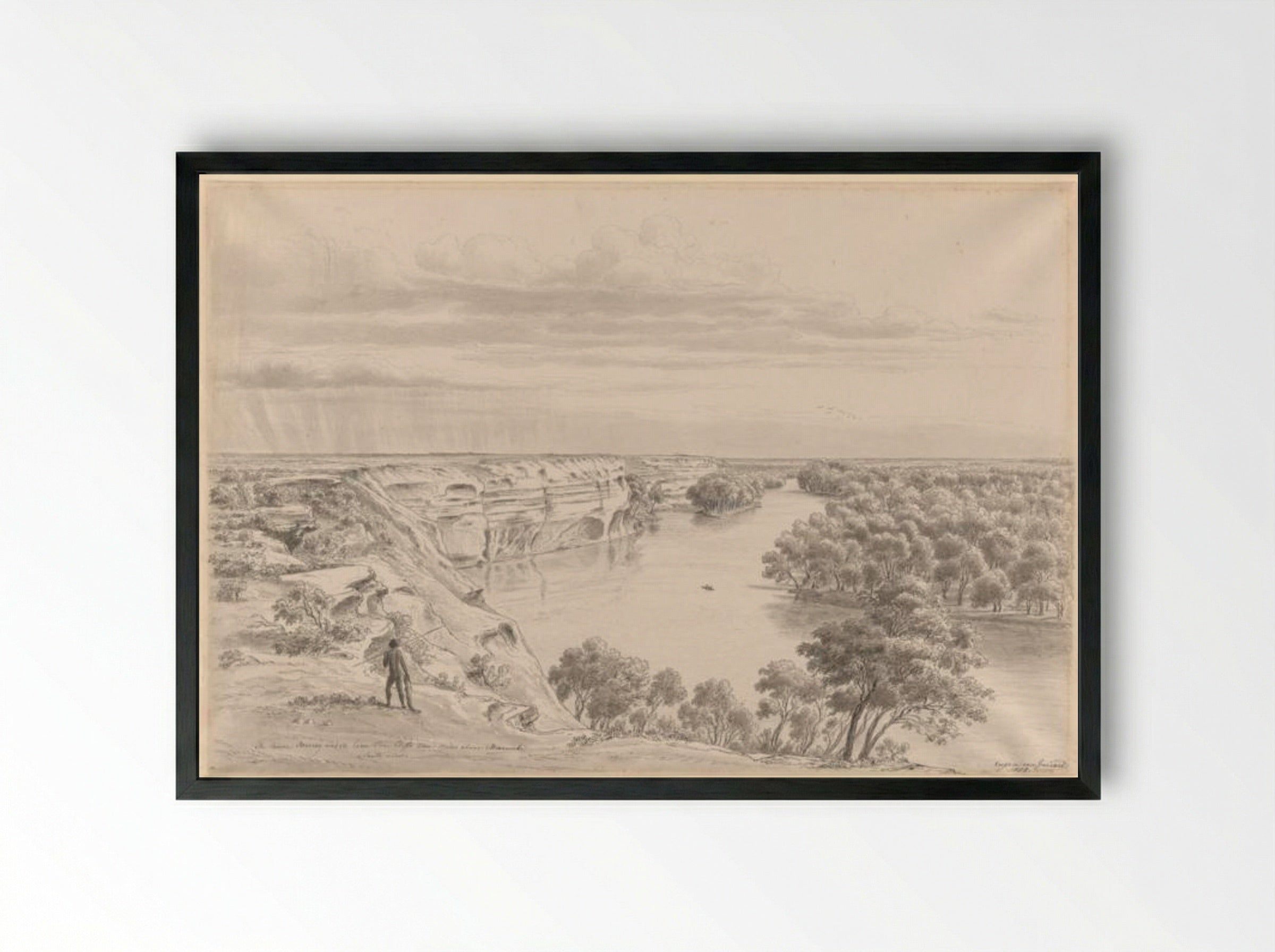 The River Murray and its limestone cliffs three miles above Moorundi, south view - Eugene von Guerard - Framed Print Black
