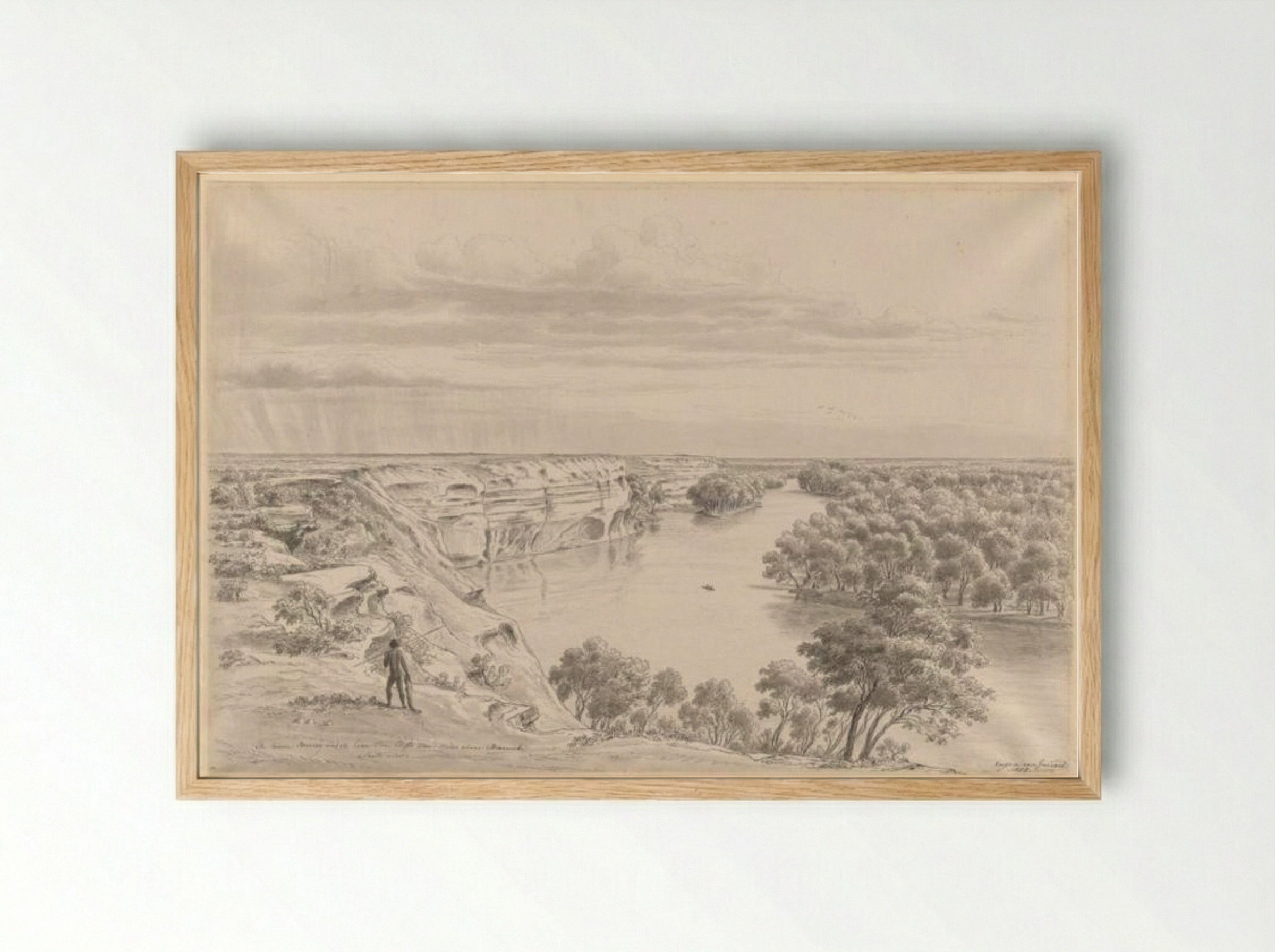 The River Murray and its limestone cliffs three miles above Moorundi, south view - Eugene von Guerard - Framed Print Wood