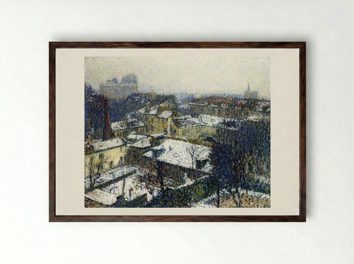 The Roofs of Paris in the Snow, the View from the Artist's Studio - Henri Martin - Framed Print Dark Wood