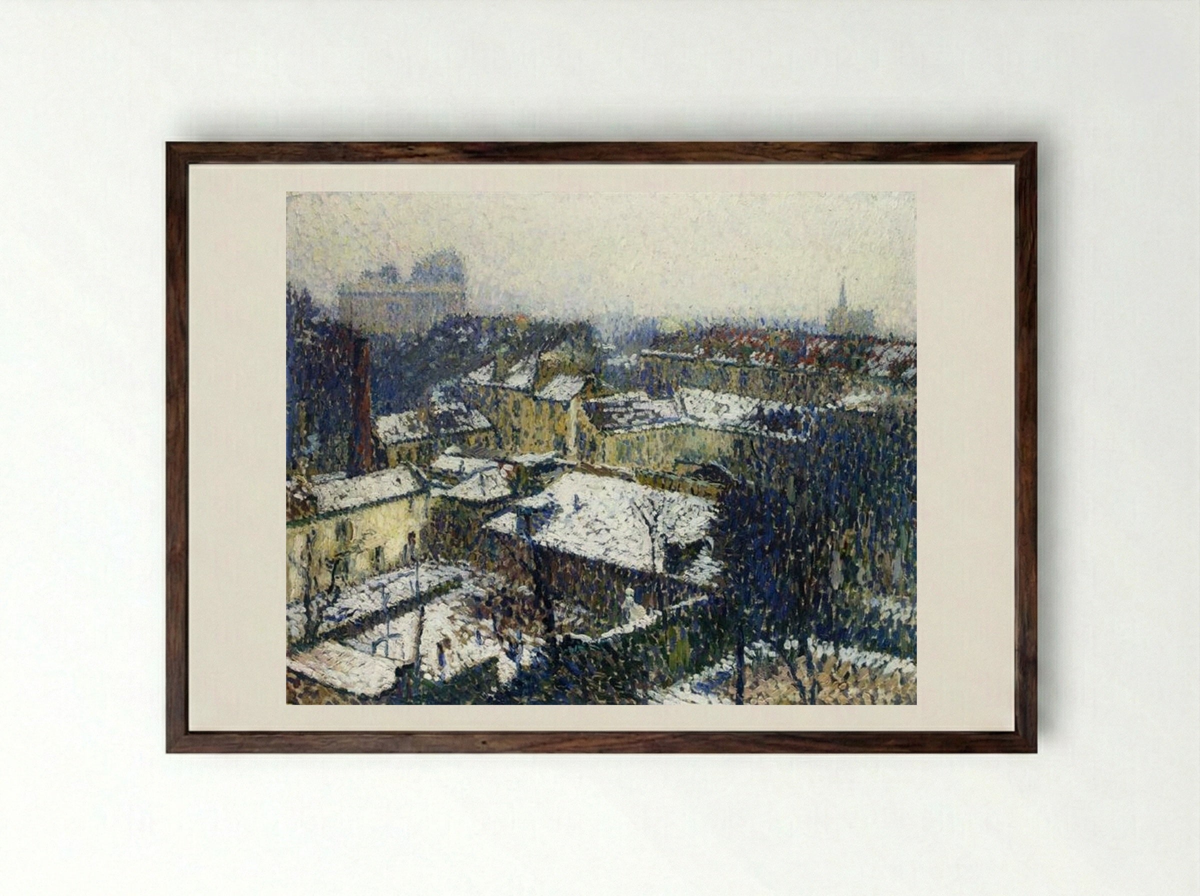 The Roofs of Paris in the Snow, the View from the Artist's Studio - Henri Martin - Framed Print Dark Wood