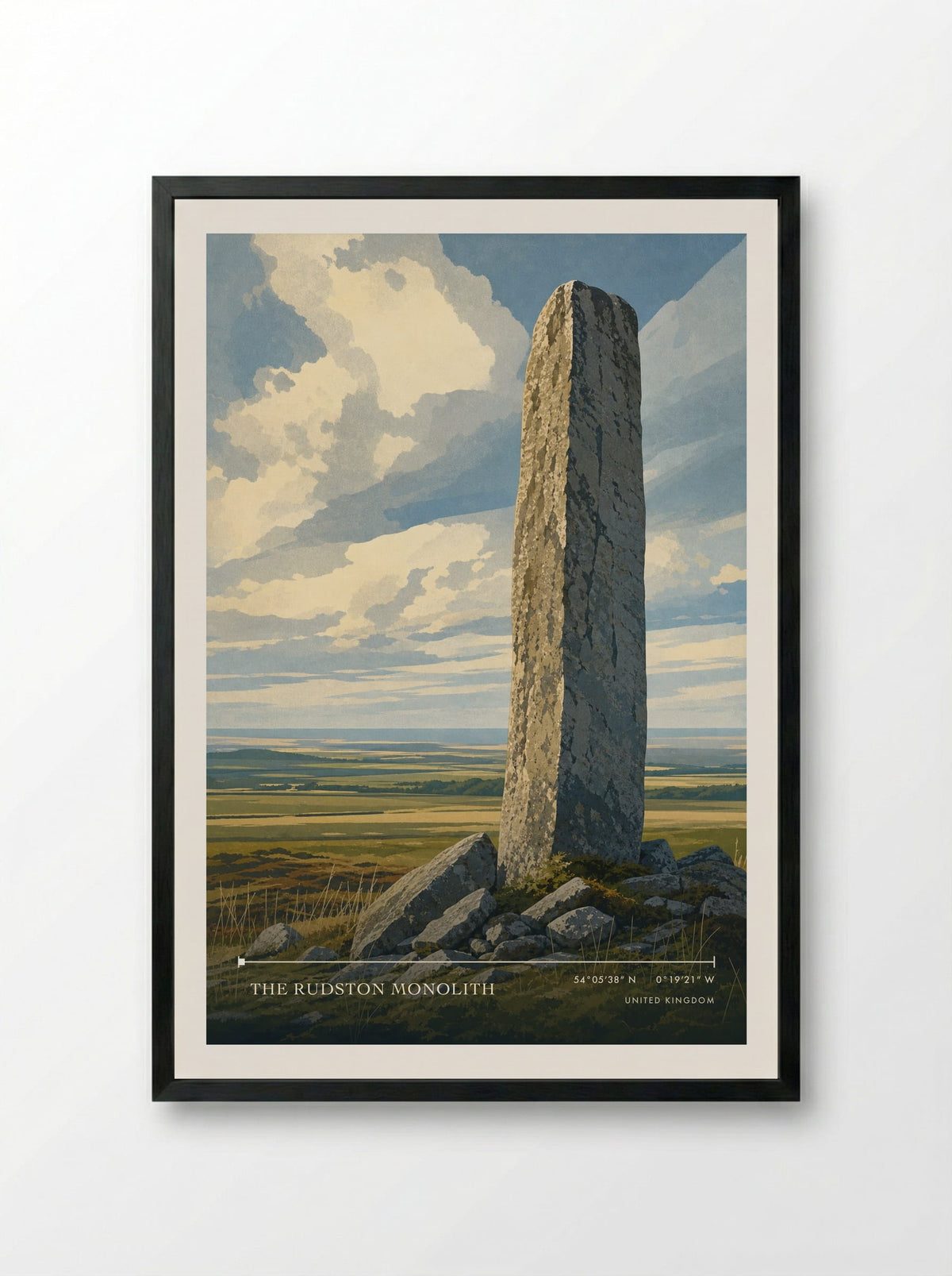 The Rudston Monolith United Kingdom Travel Poster - Framed Print Black