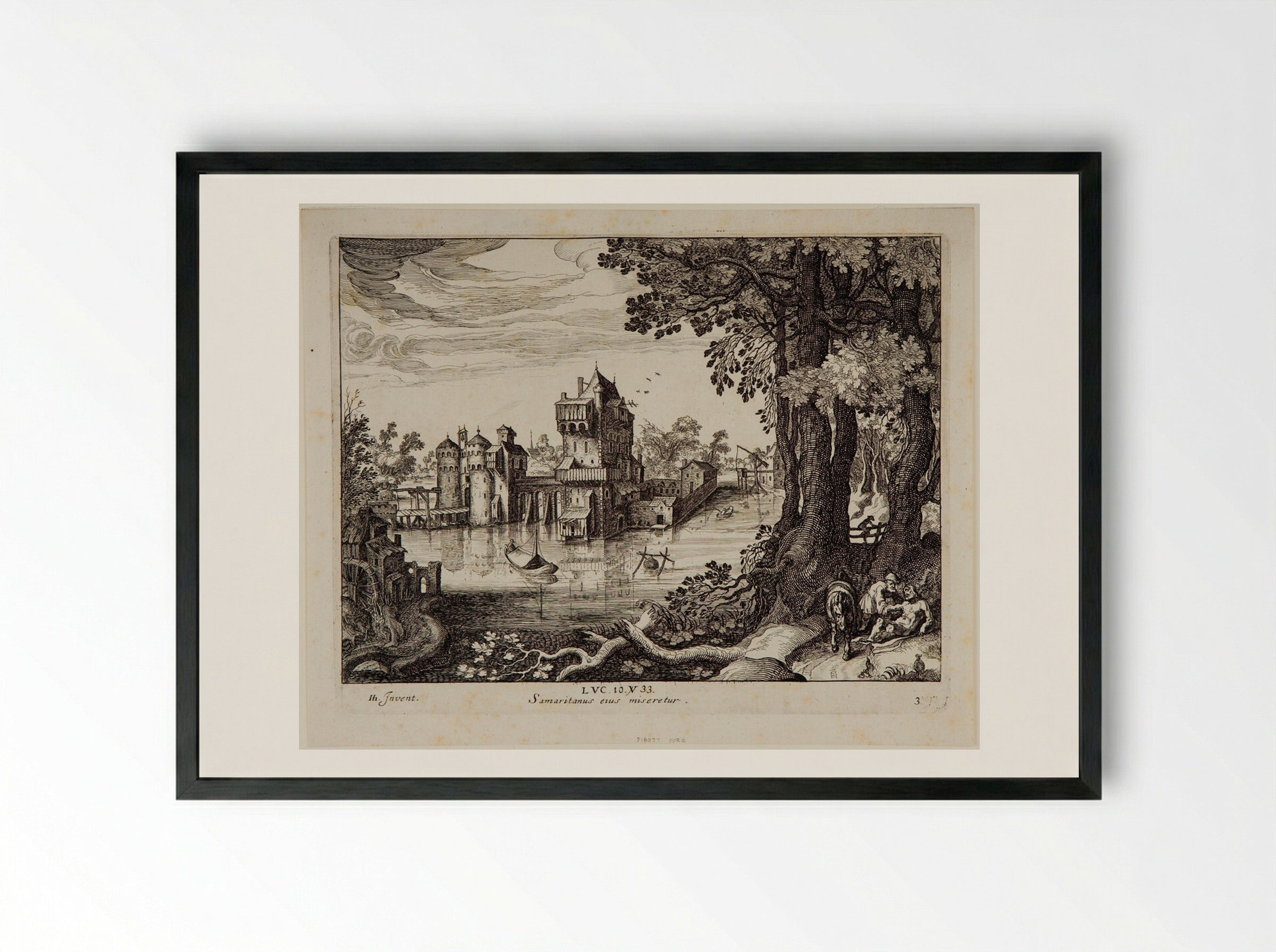 The Samaritan Finding the Man - Simon Frisius - Framed Print Black