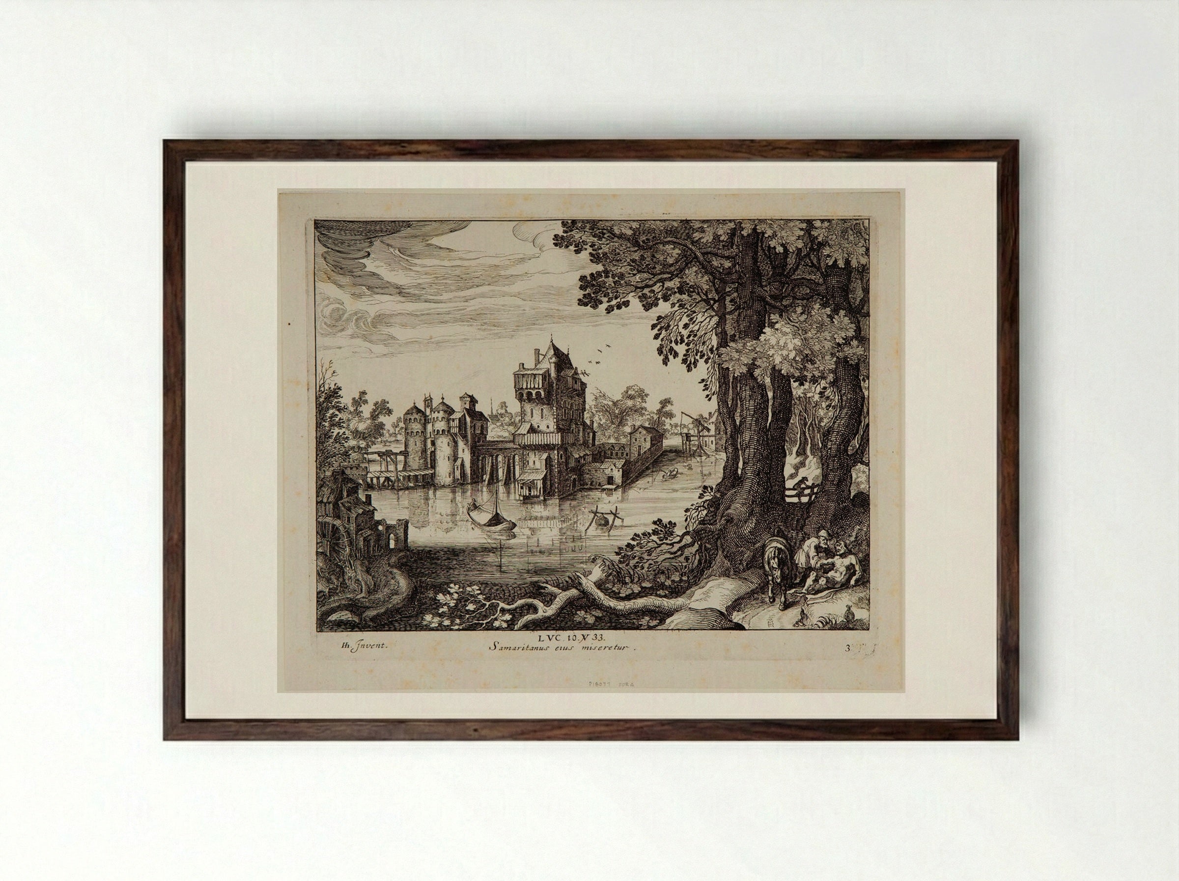 The Samaritan Finding the Man - Simon Frisius - Framed Print Dark Wood
