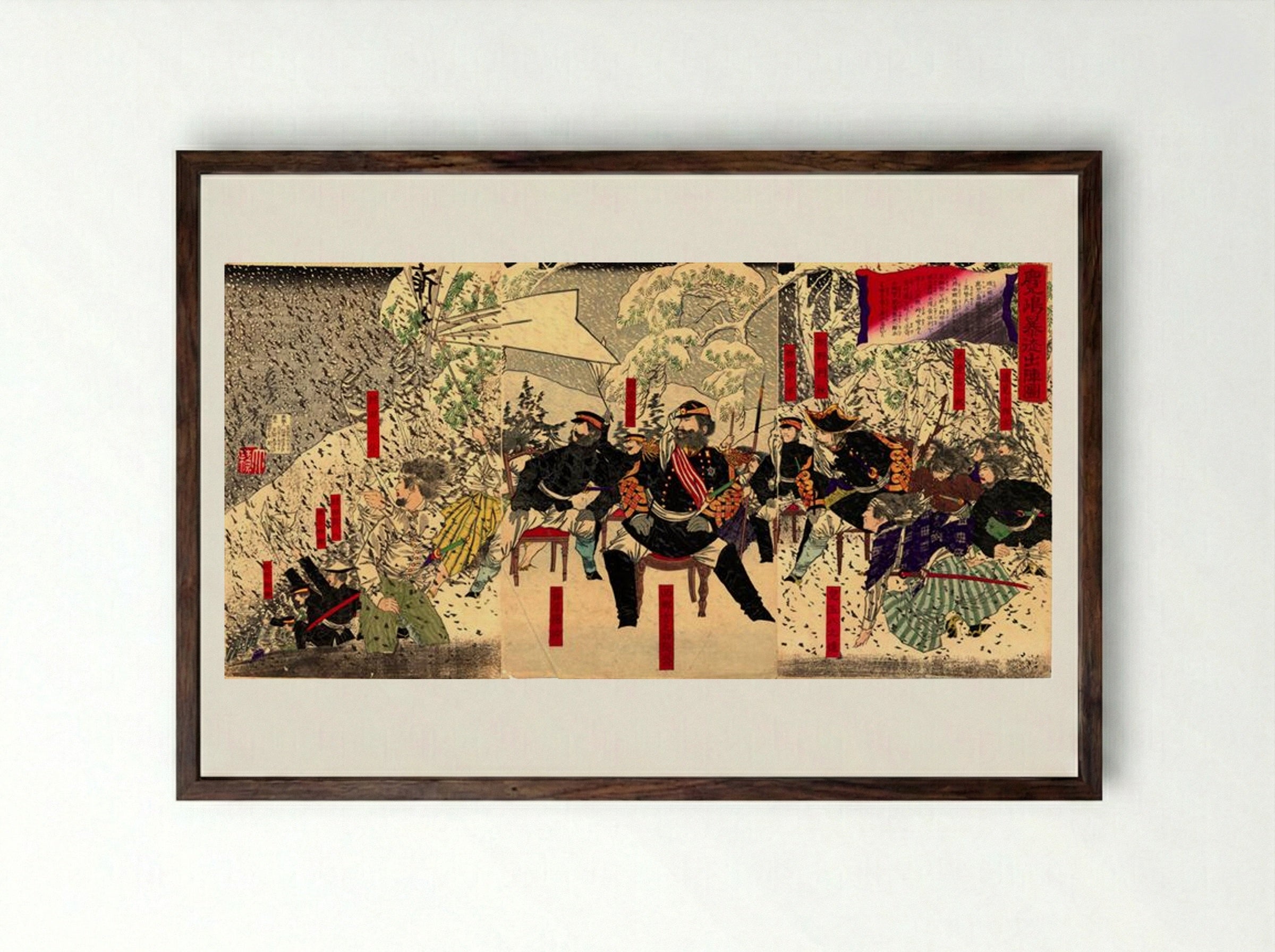 The Satsuma Rebellion: Saigo Takamori's Headquarters at Kagoshima - Tsukioka Yoshitoshi - Framed Print Dark Wood