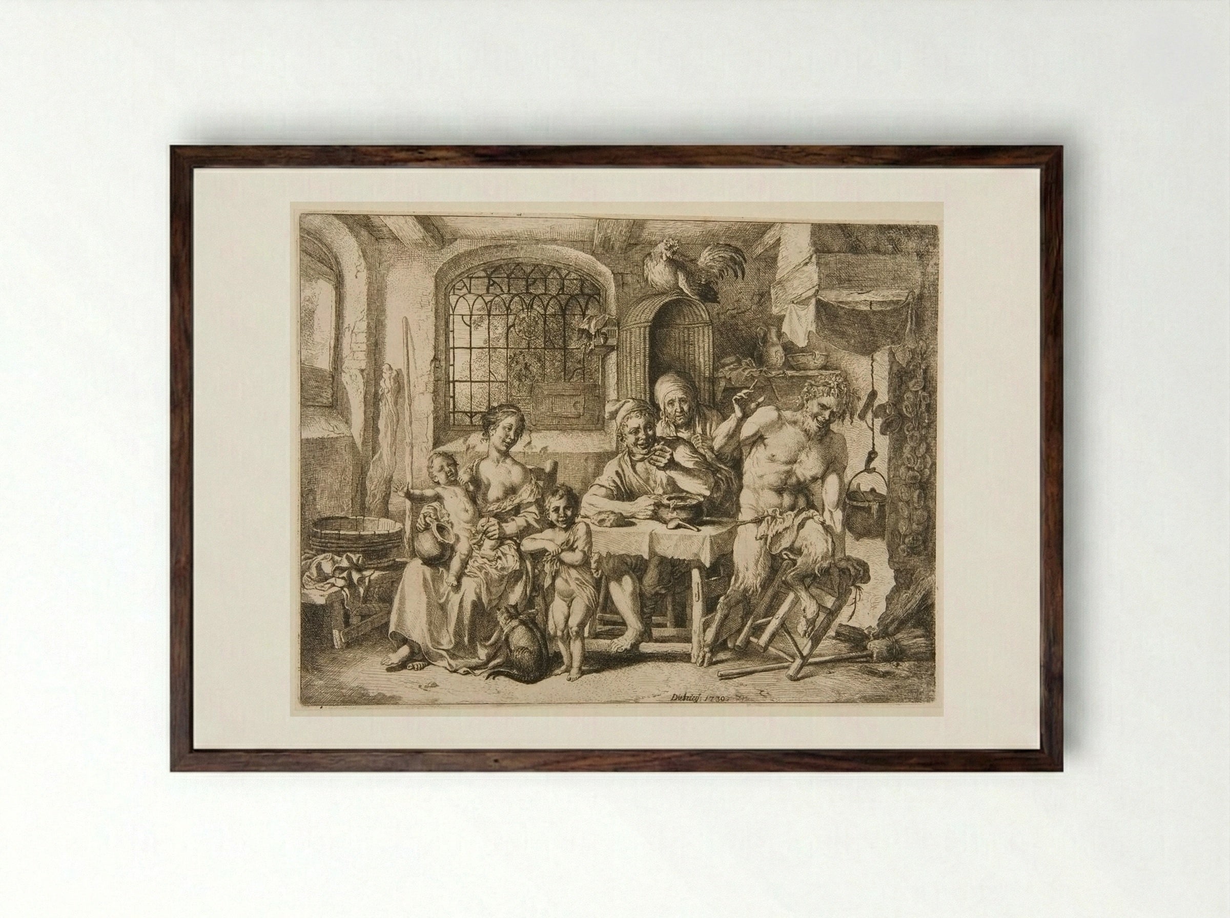 The Satyr in the Peasants' Hut - Christian Wilhelm Ernst Dietrich - Framed Print Dark Wood