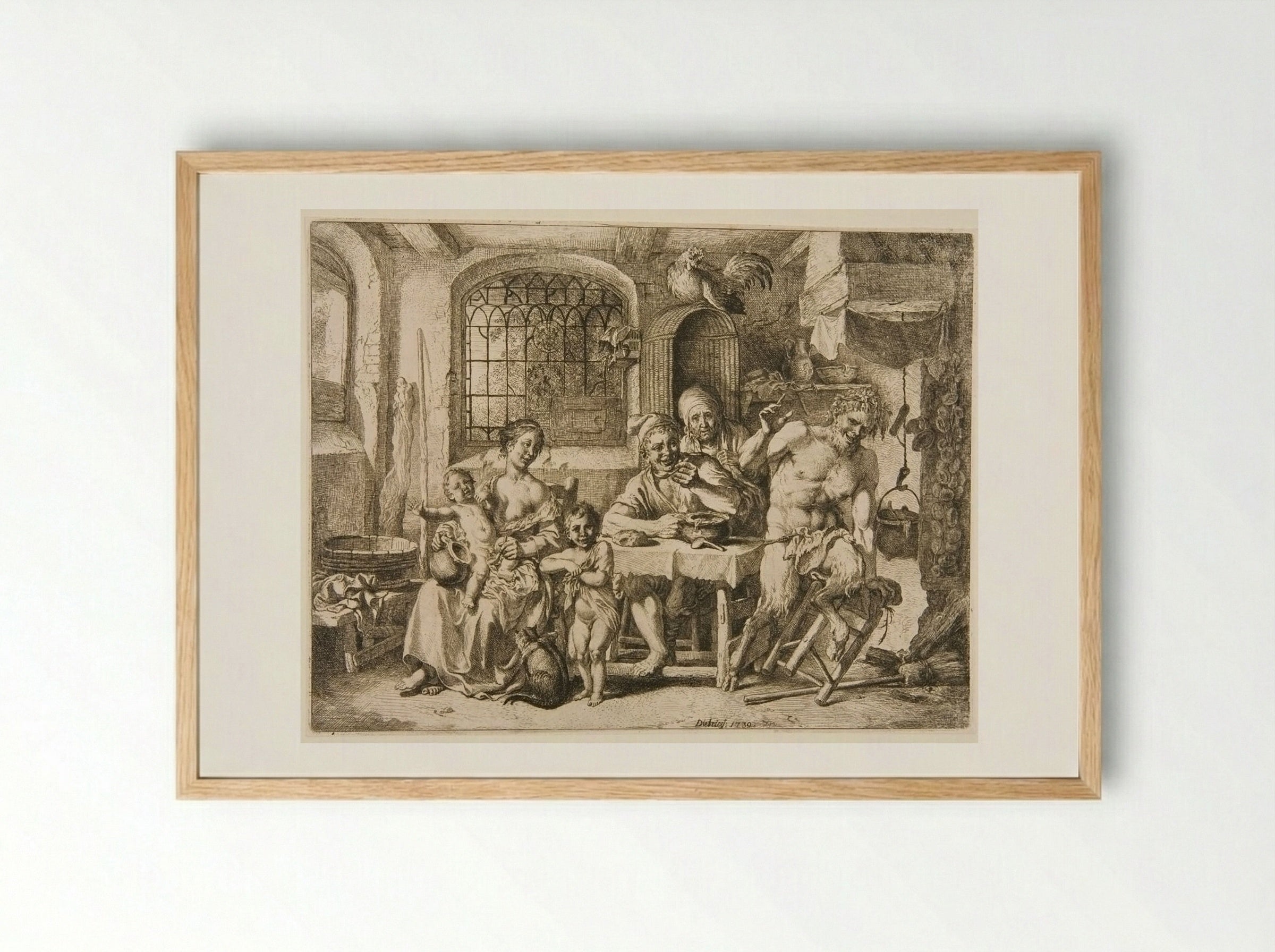 The Satyr in the Peasants' Hut - Christian Wilhelm Ernst Dietrich - Framed Print Wood