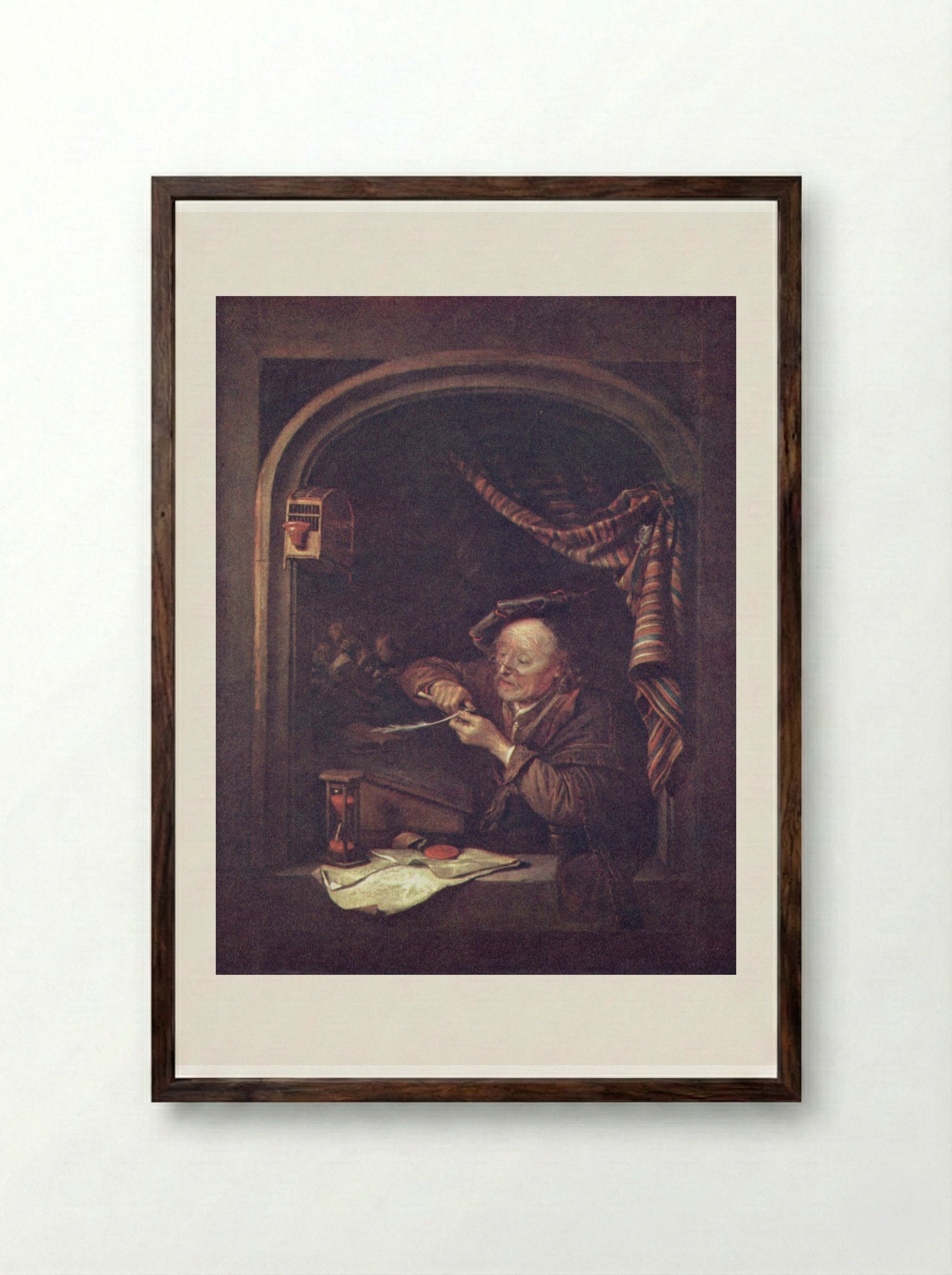 The Schoolmaster - Gerrit Dou - Framed Print Dark Wood