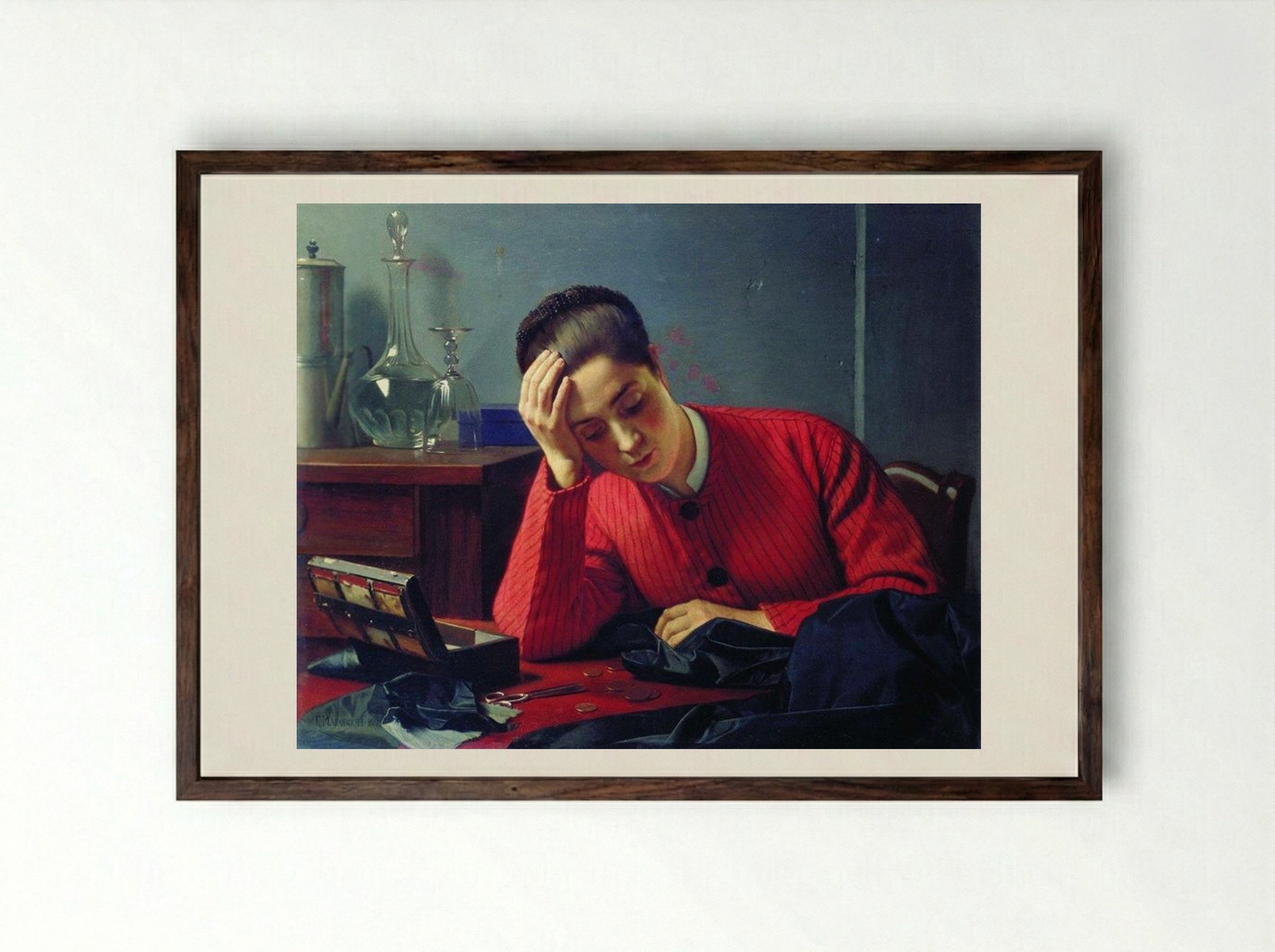 The Seamstress - Konstantin Makovsky - Framed Print Dark Wood