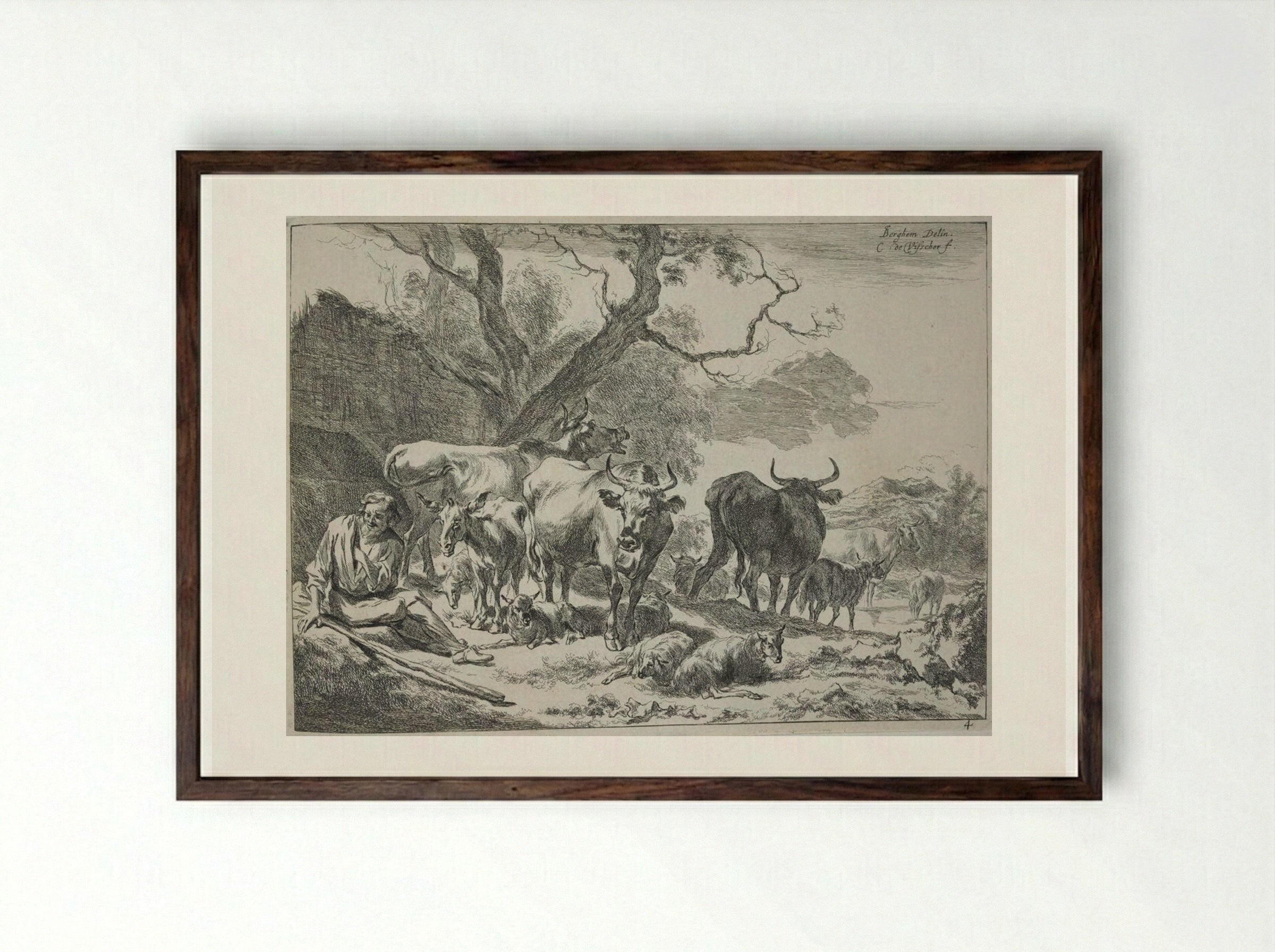 The Seated Old Herdsman - Cornelis Visscher - Framed Print Dark Wood