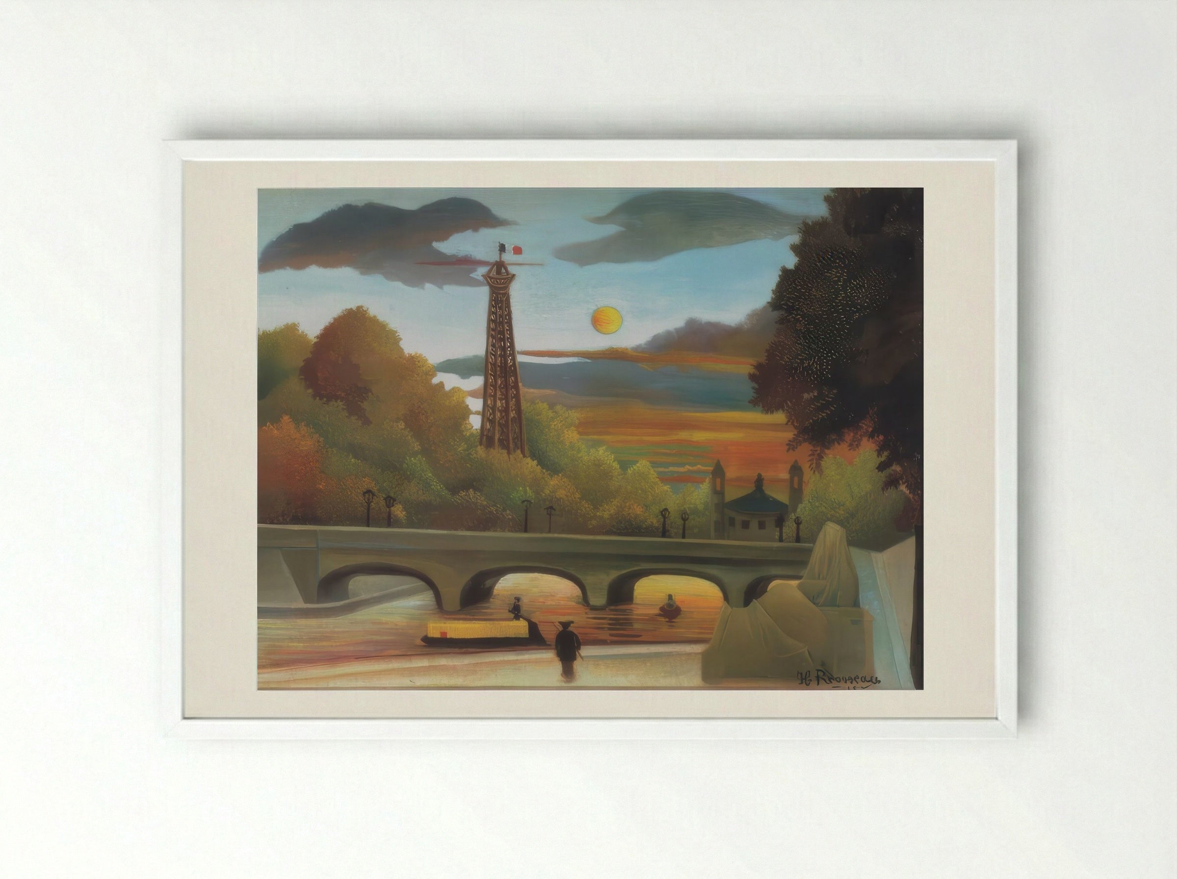 The Seine and the Eiffel Tower in the Sunset by Henri Rousseau – Naïve Art Paris Landscape Print - Framed Print White