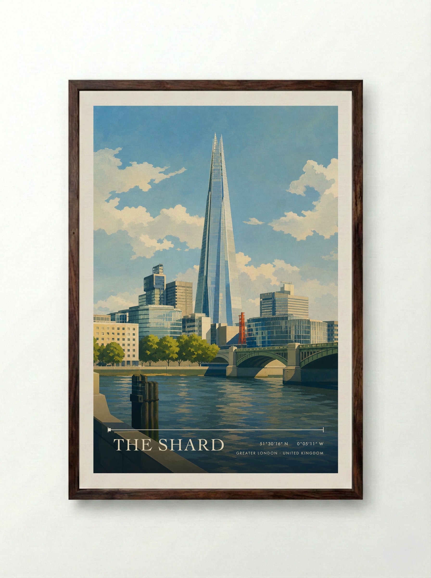 The Shard Greater London United Kingdom Travel Poster - Framed Print Dark Wood