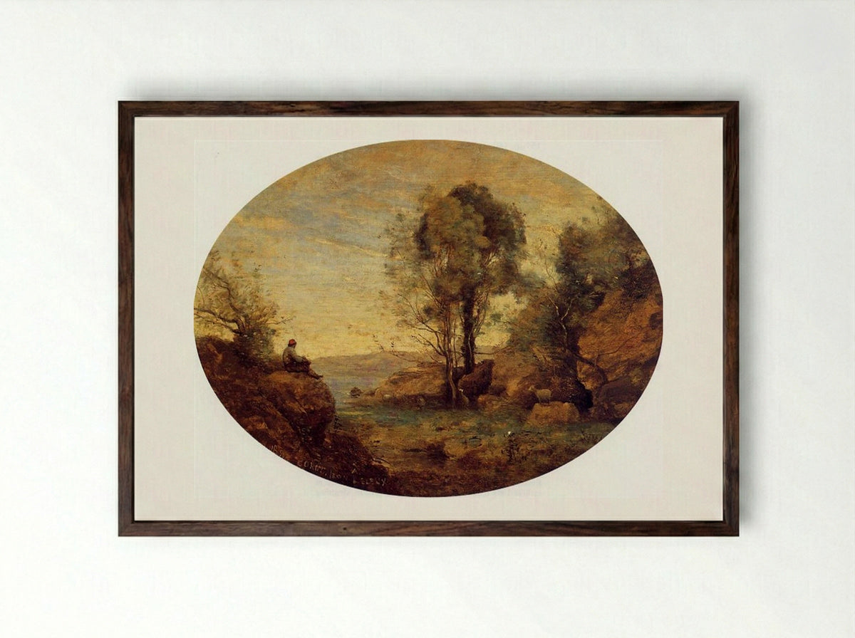 The Shepherd Overlooking the Rocky Gorge - Jean-Baptiste-Camille Corot - Framed Print Dark Wood