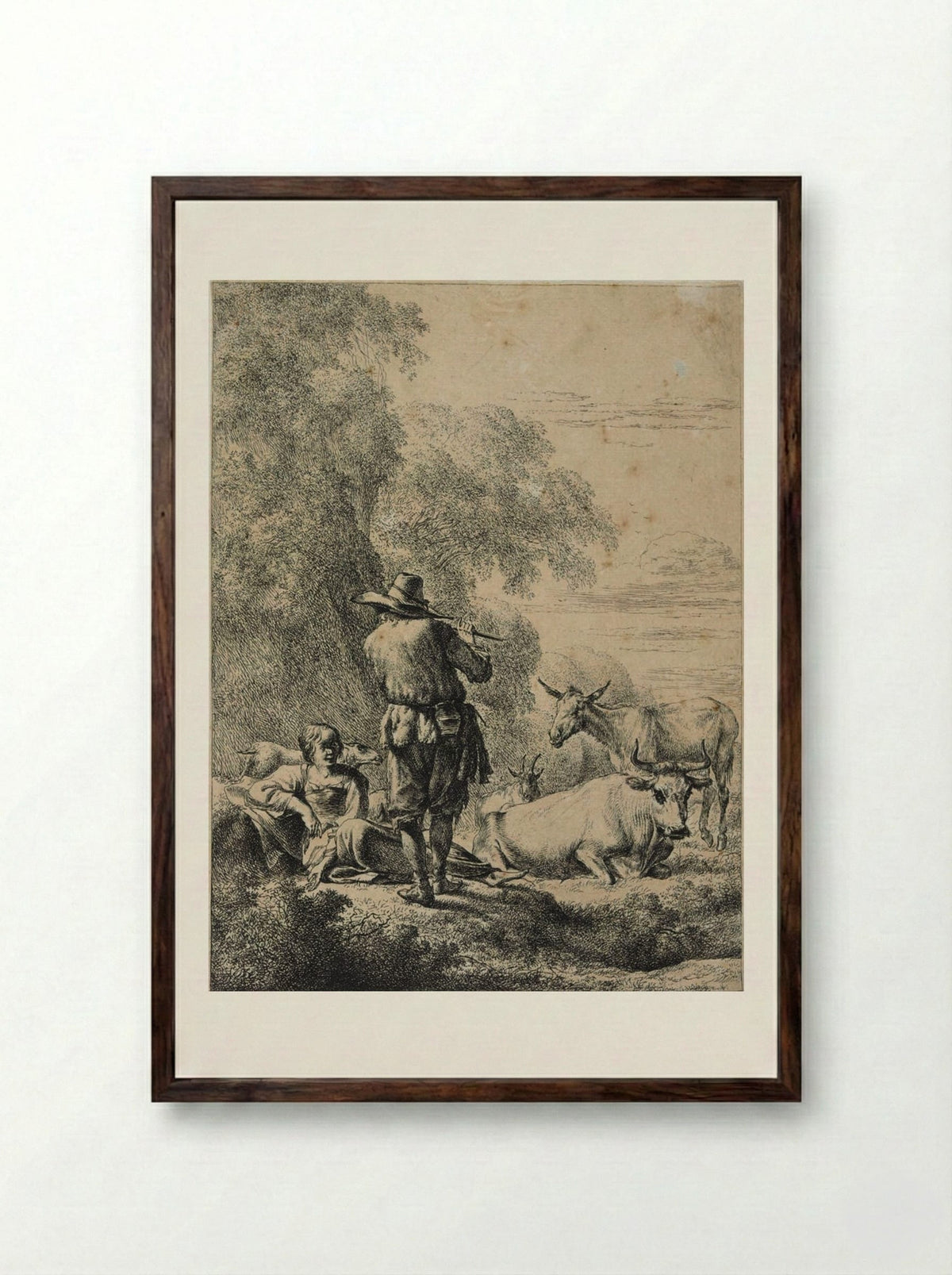 The Shepherd Playing the Flute - Nicolaes Berchem - Framed Print Dark Wood