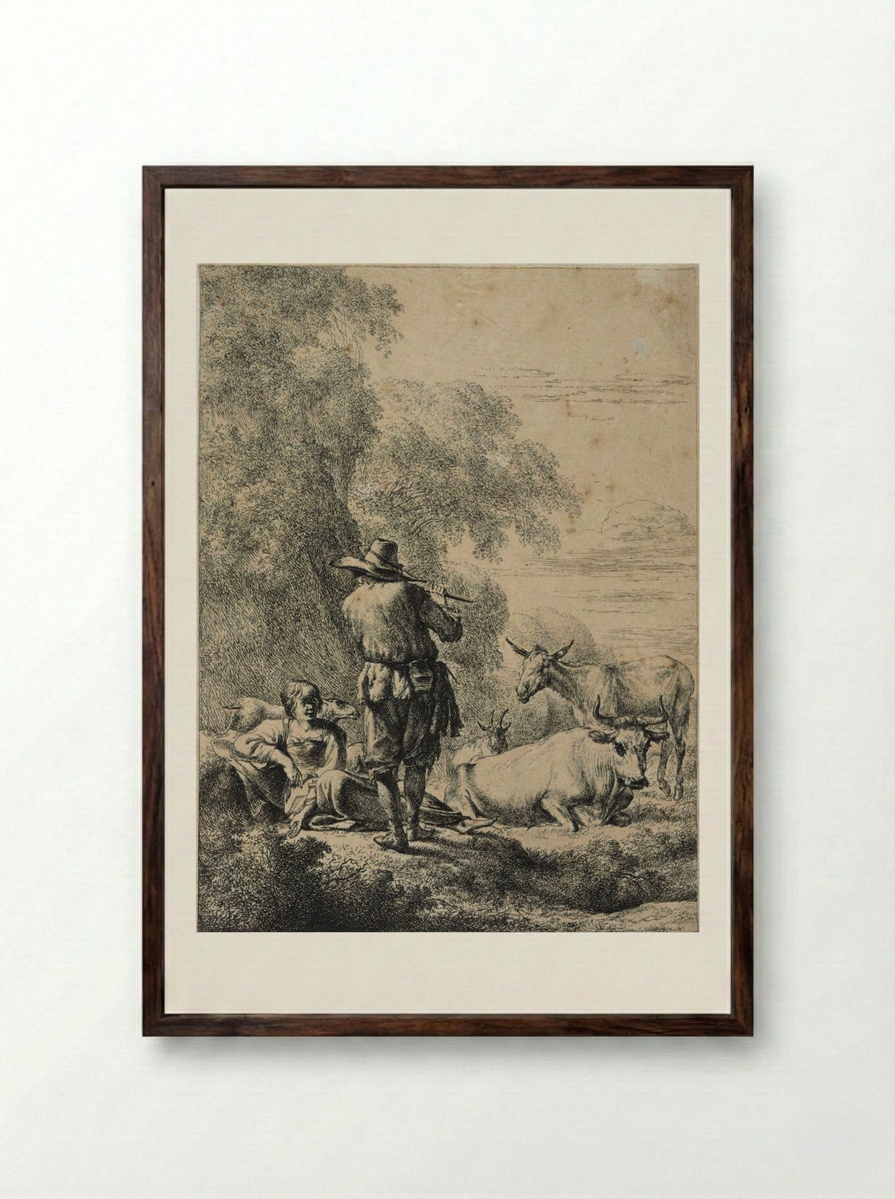 The Shepherd Playing the Flute - Nicolaes Berchem - Framed Print Dark Wood