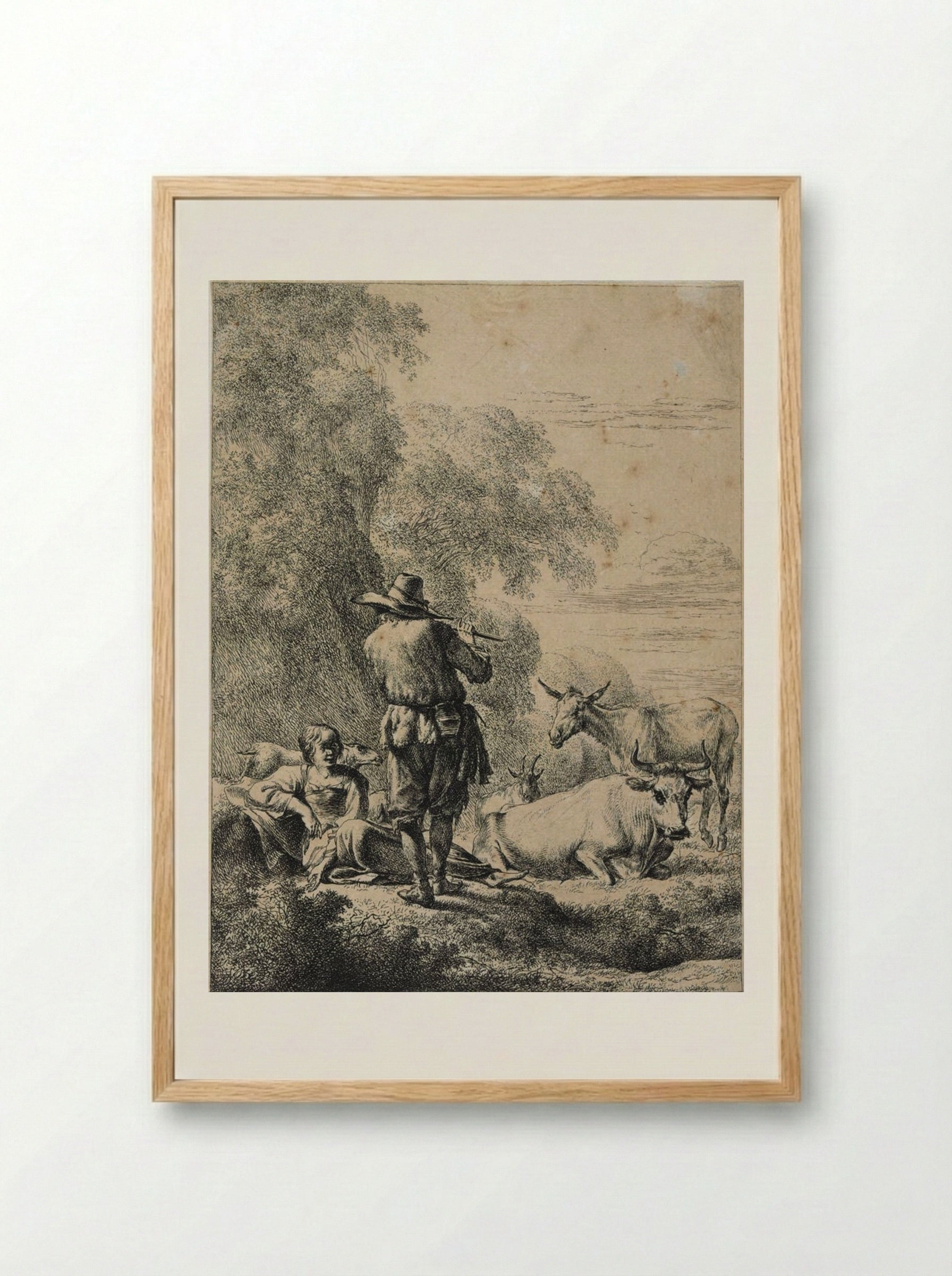 The Shepherd Playing the Flute - Nicolaes Berchem - Framed Print Wood