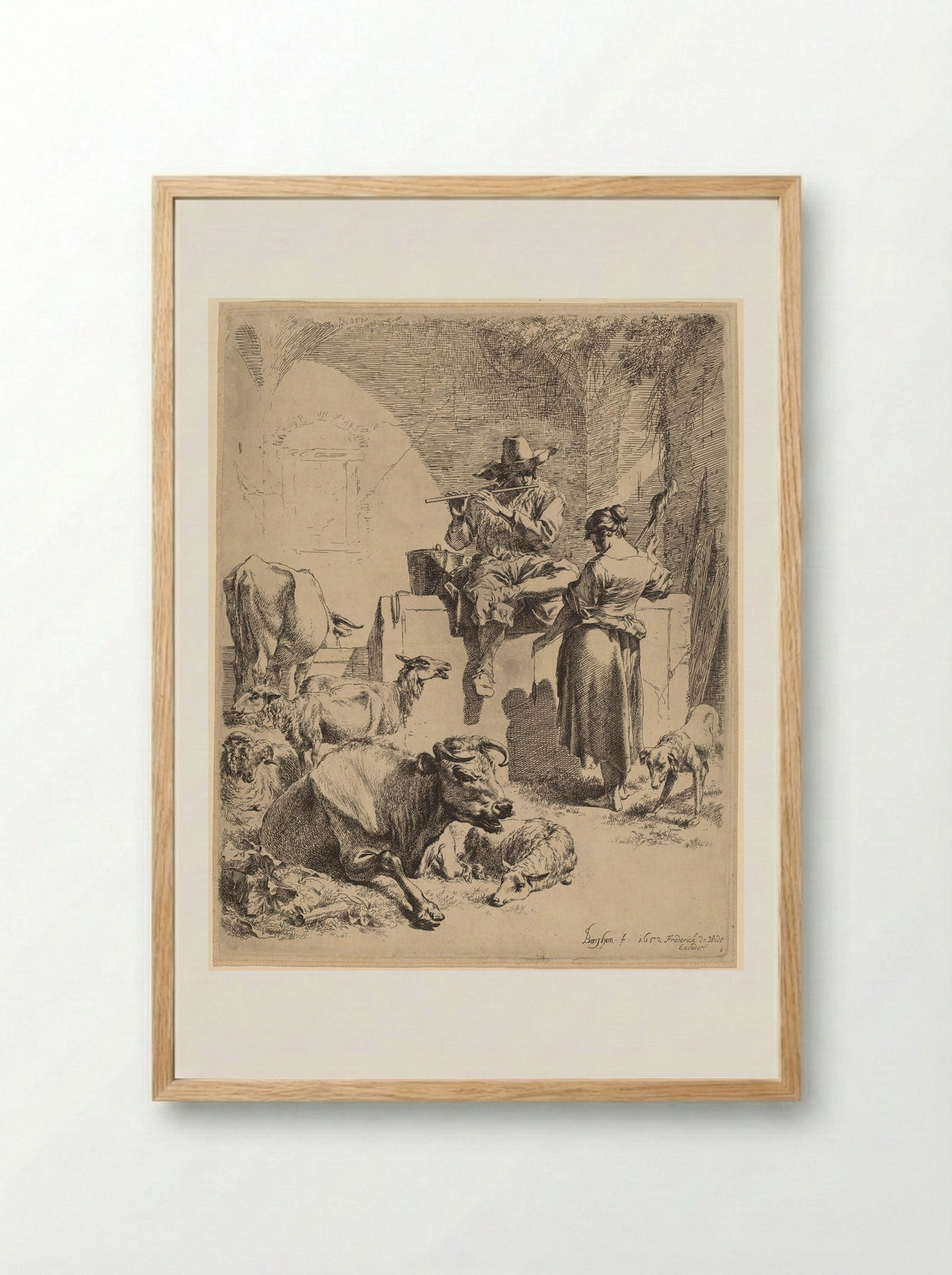 The Shepherd Seated on a Fountain and the Spinner - Nicolaes Berchem - Framed Print Wood