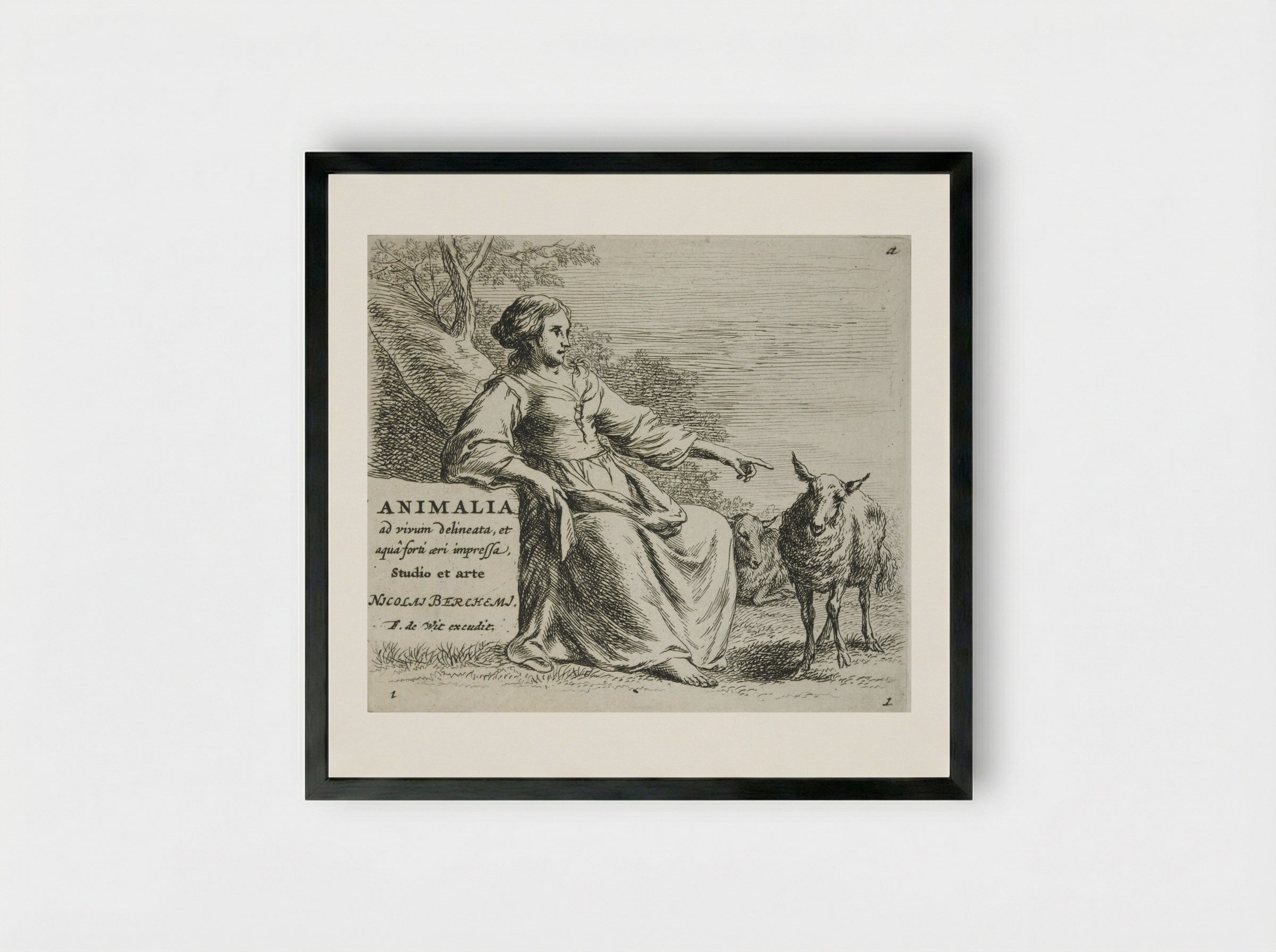 The Shepherdess and the Sheep - Nicolaes Berchem - Framed Print Black