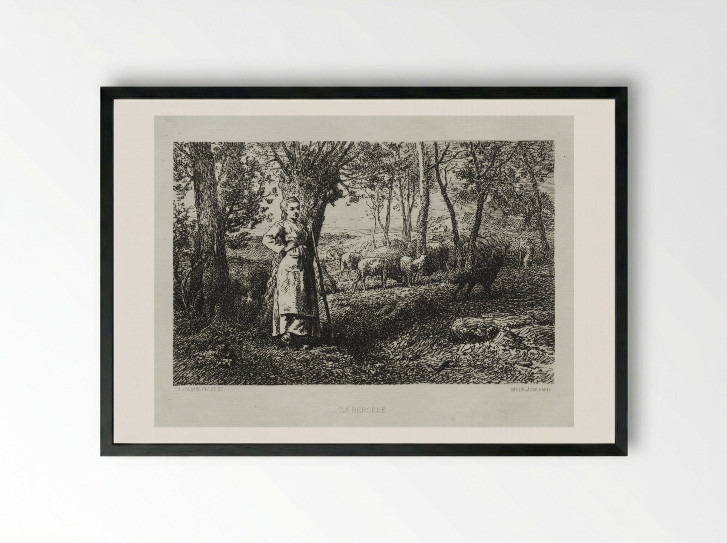 The Shepherdess - Charles-Émile Jacque - Framed Print Black