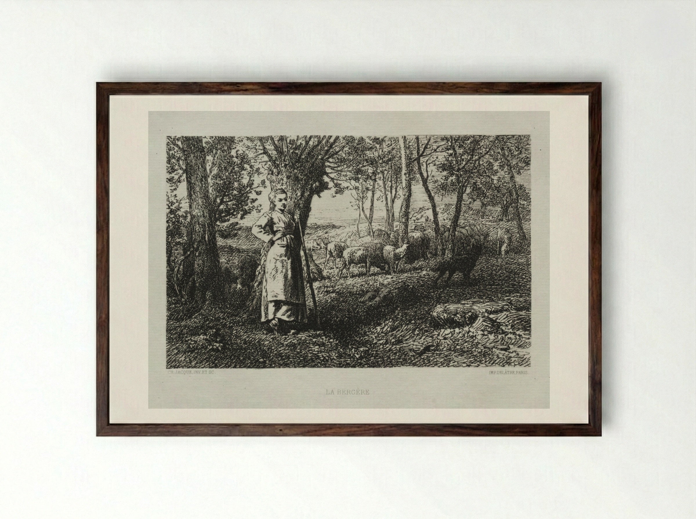 The Shepherdess - Charles-Émile Jacque - Framed Print Dark Wood