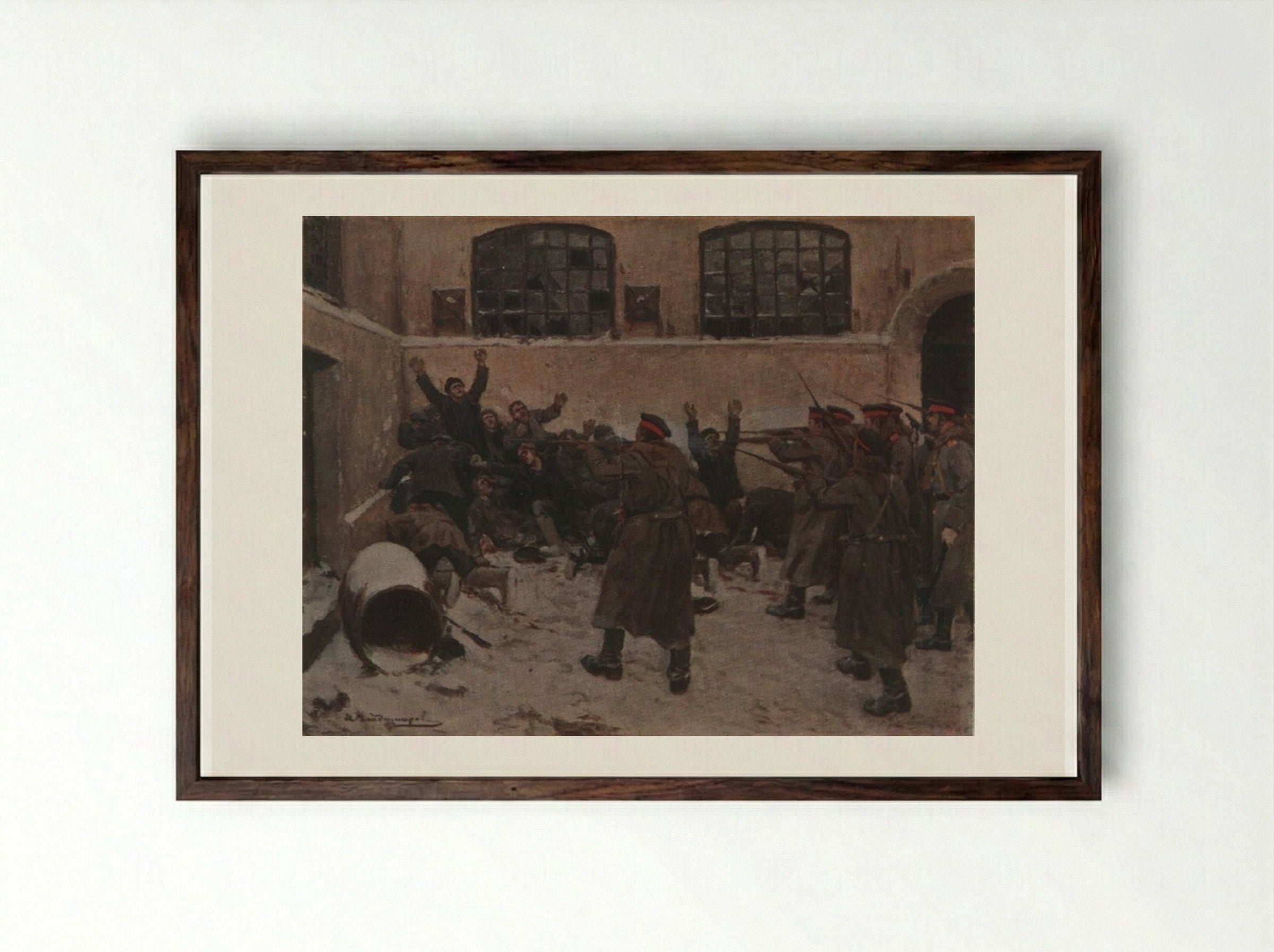 The Shooting in Presnya in December 1905 - Ivan Vladimirov - Framed Print Dark Wood