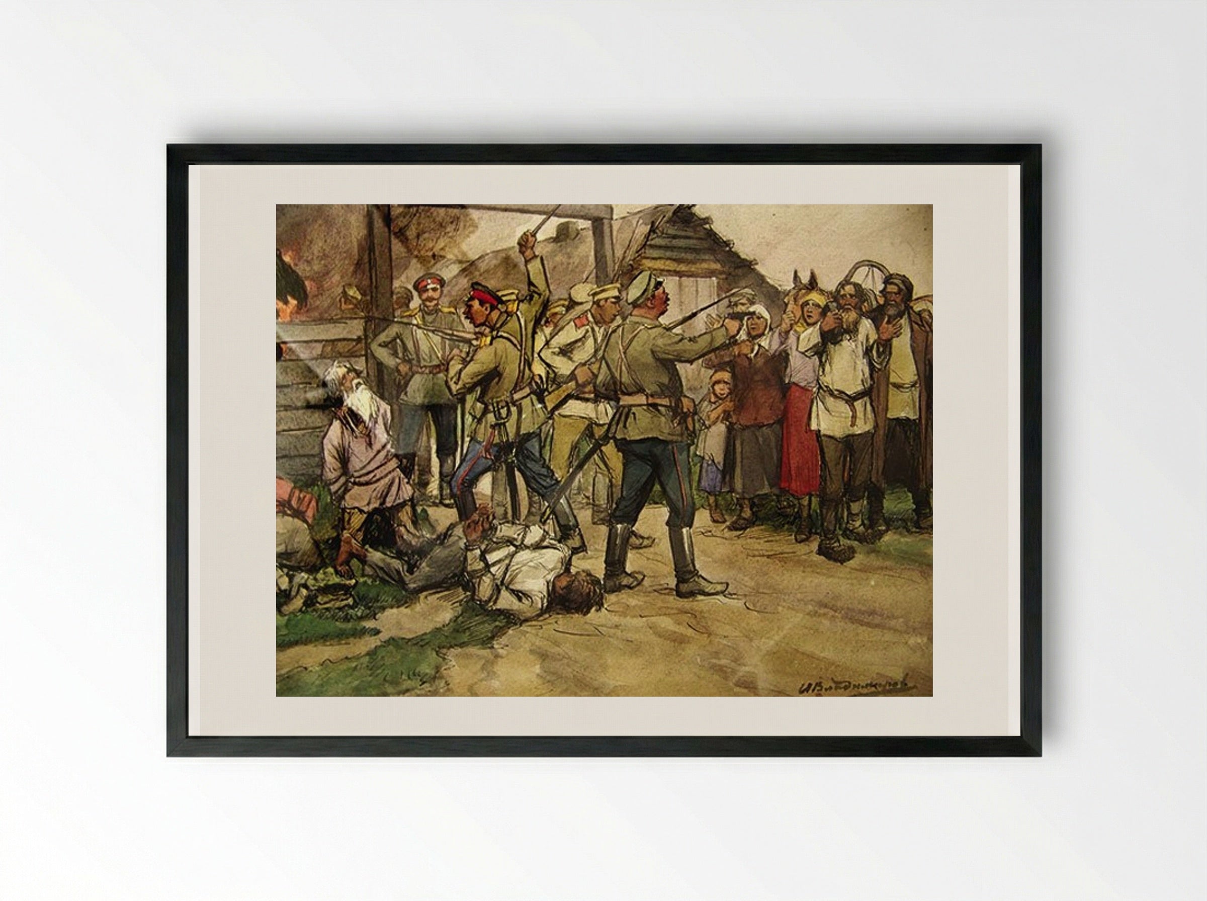 The Shooting of Peasants by White Cossacks - Ivan Vladimirov - Framed Print Black