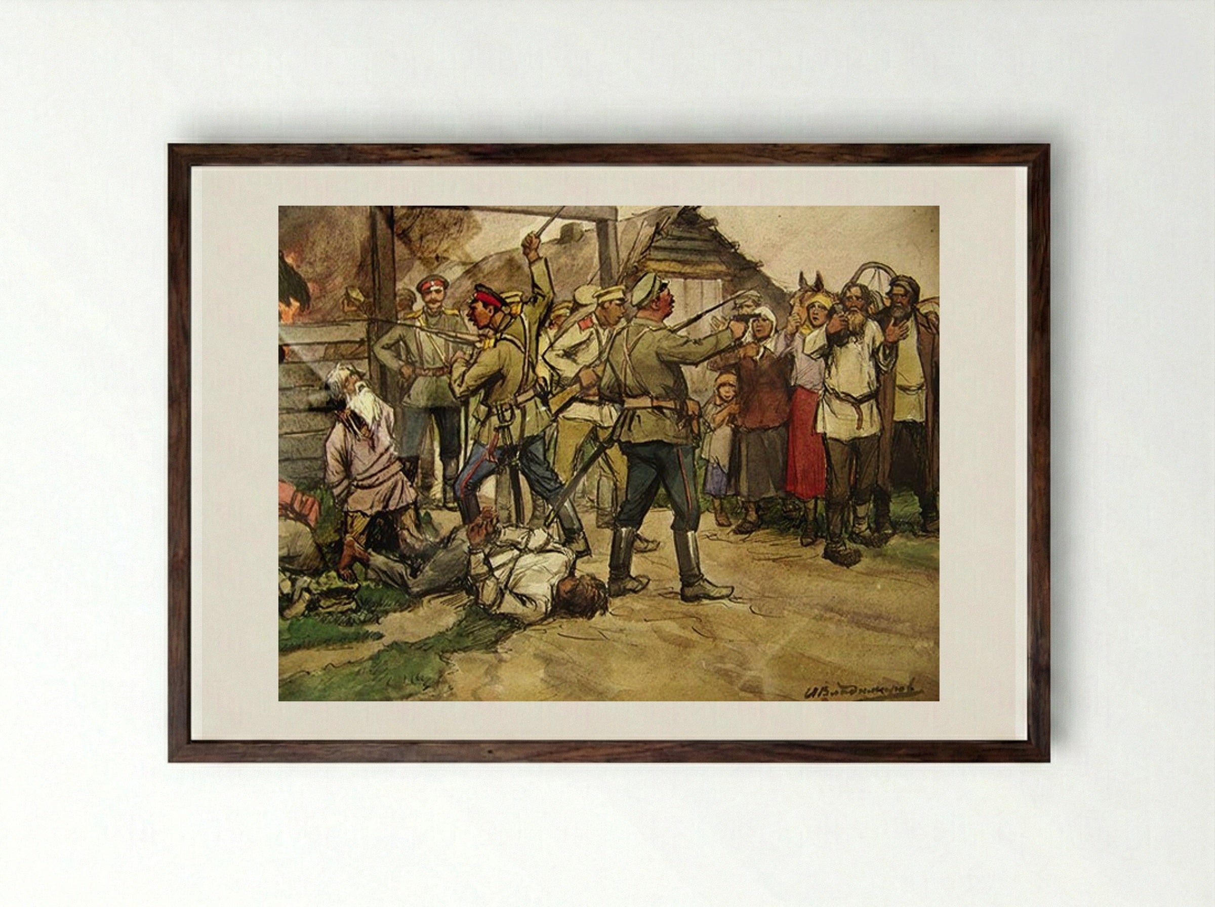 The Shooting of Peasants by White Cossacks - Ivan Vladimirov - Framed Print Dark Wood