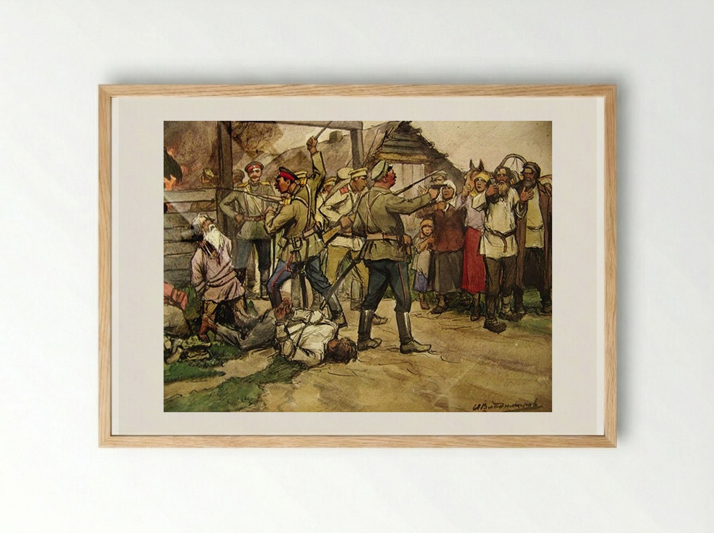The Shooting of Peasants by White Cossacks - Ivan Vladimirov - Framed Print Wood