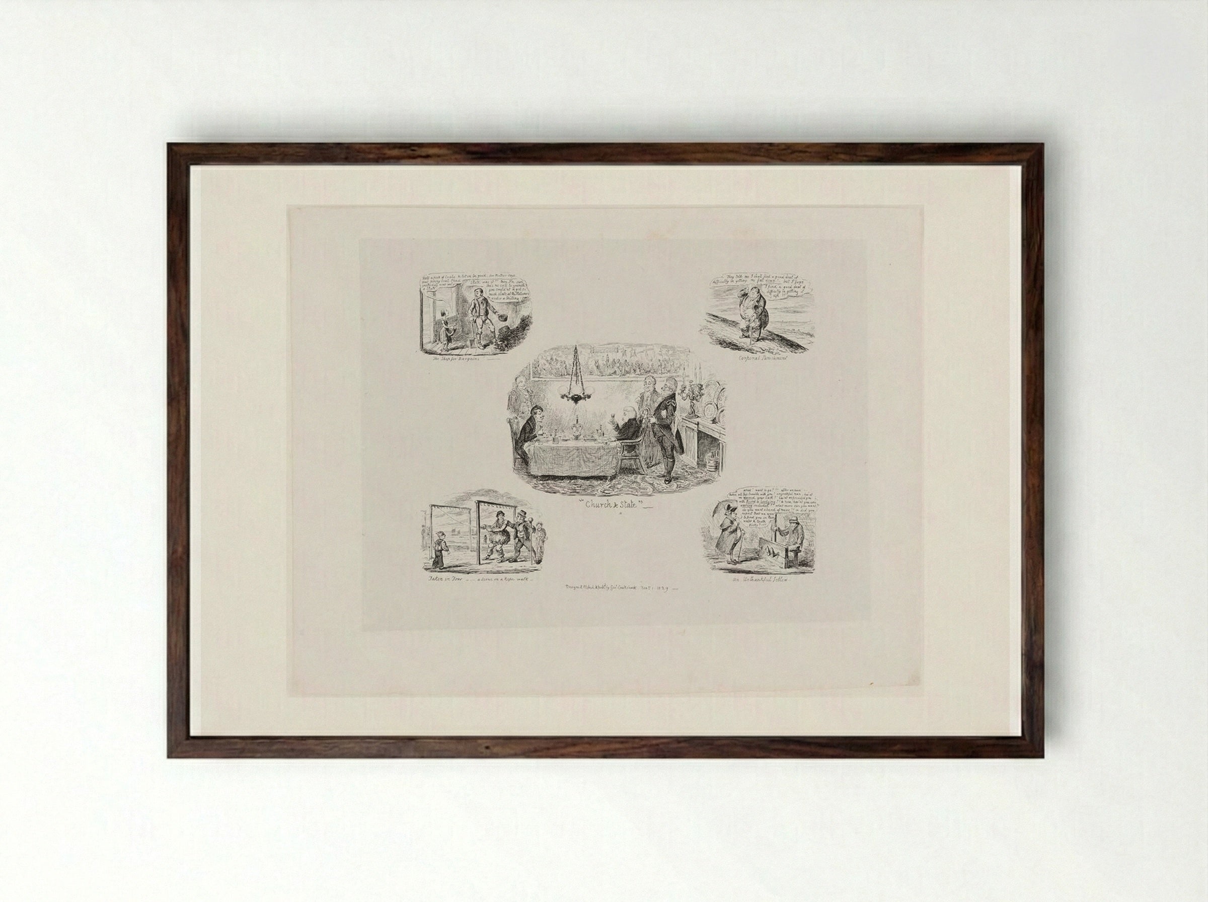 The Shop for Bargains! and Other Sketches - George Cruikshank - Framed Print Dark Wood