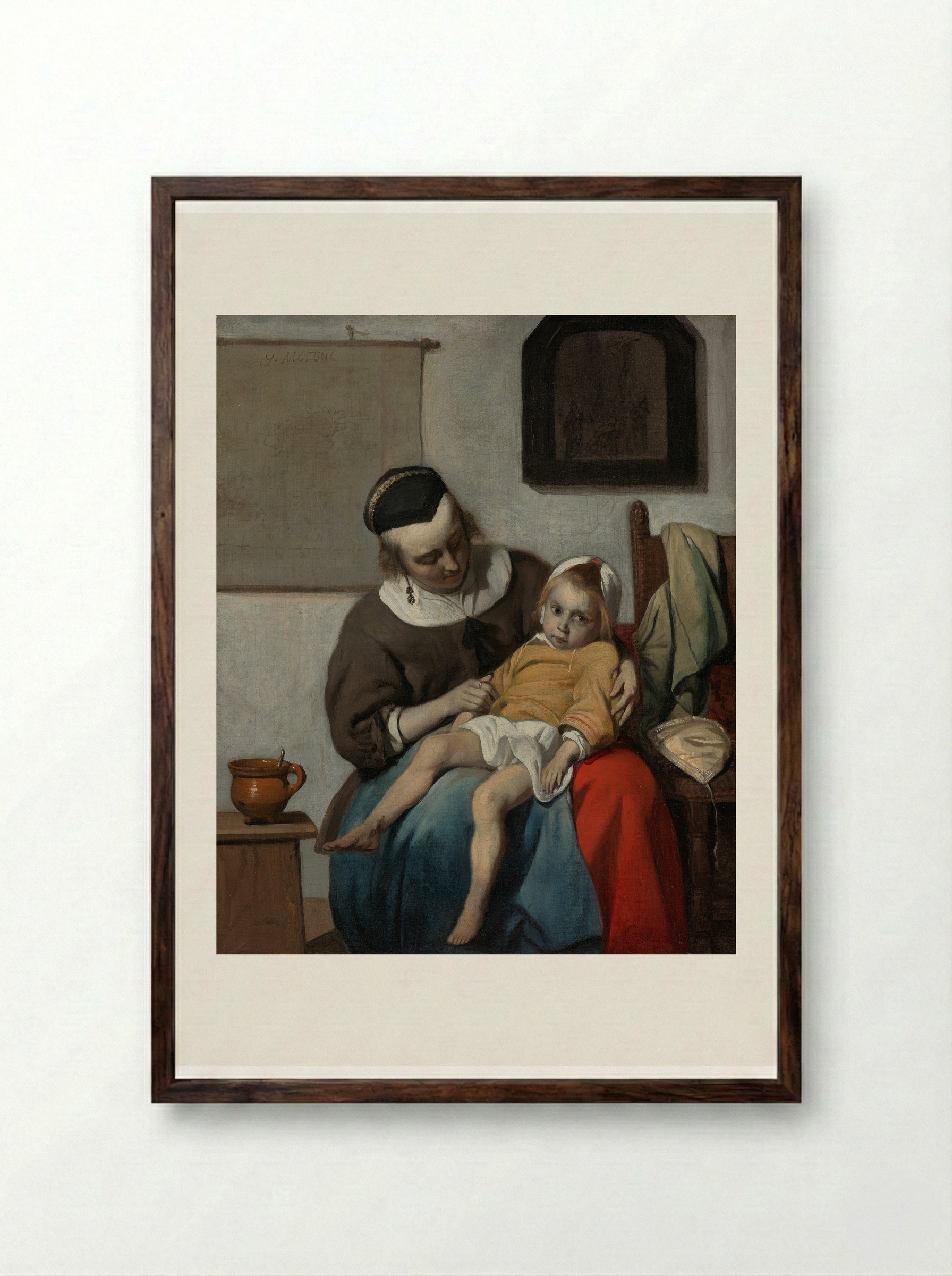 The Sick Child - Gabriel Metsu - Framed Print Dark Wood