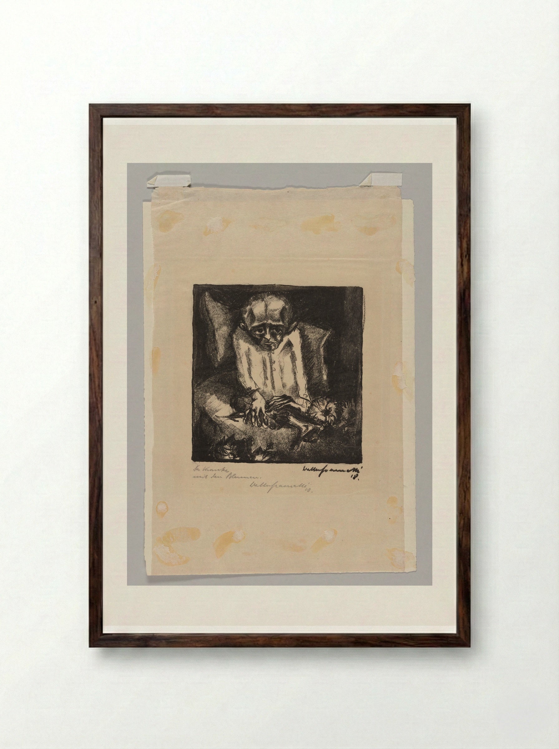 The Sick Man with Flowers - Walter Gramatté - Framed Print Dark Wood