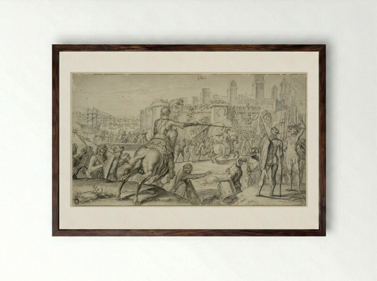 The Siege of Lisbon - Crispijn van de Passe (II) - Framed Print Dark Wood