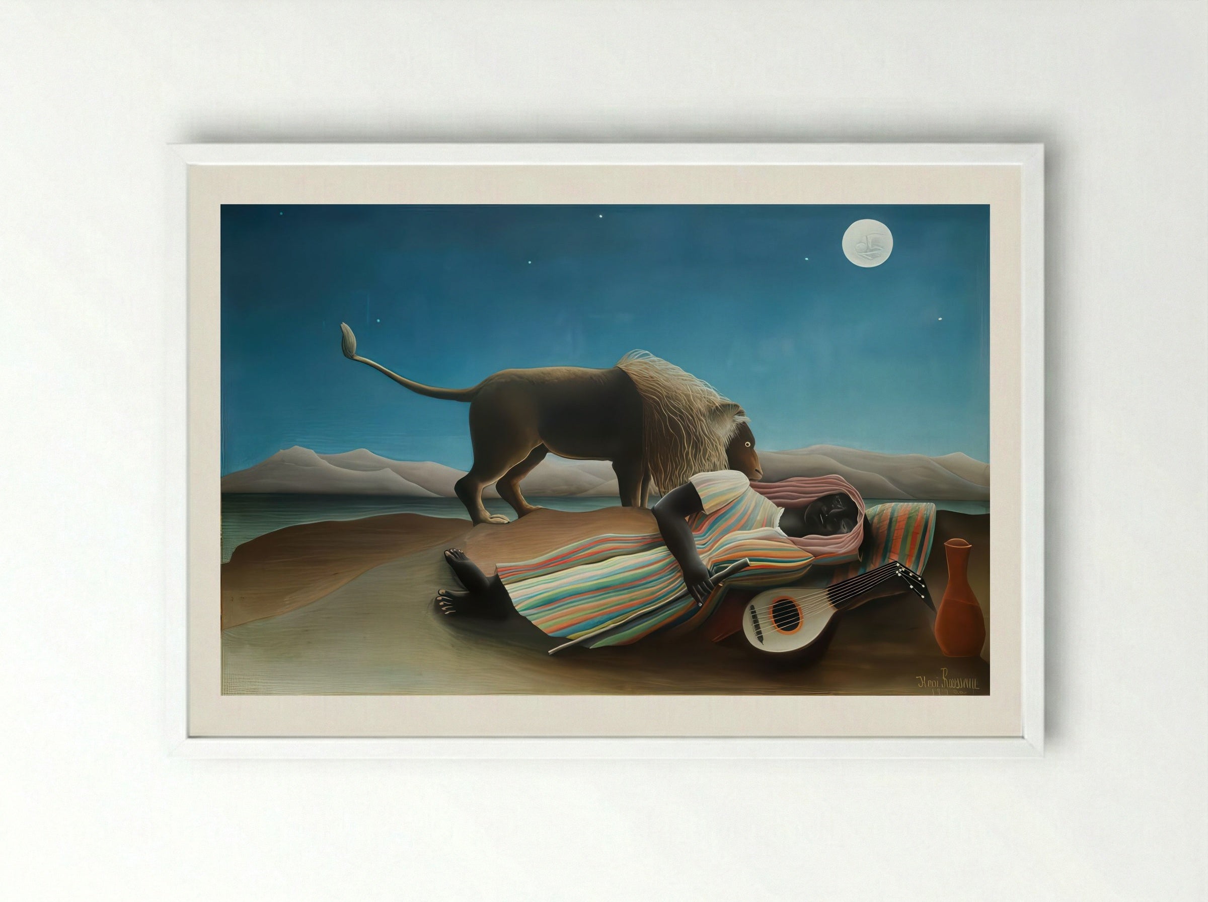 The Sleeping Gypsy by Henri Rousseau – Naïve Art Surreal Desert Scene Print - Framed Print White