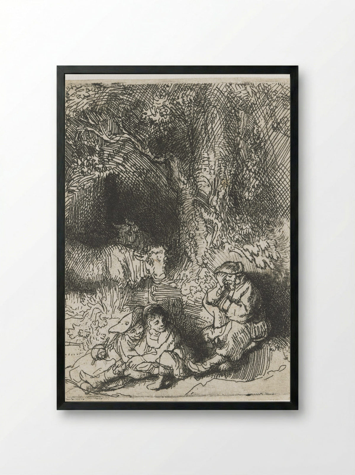 The Sleeping Herdsman - Rembrandt van Rijn - Framed Print Black