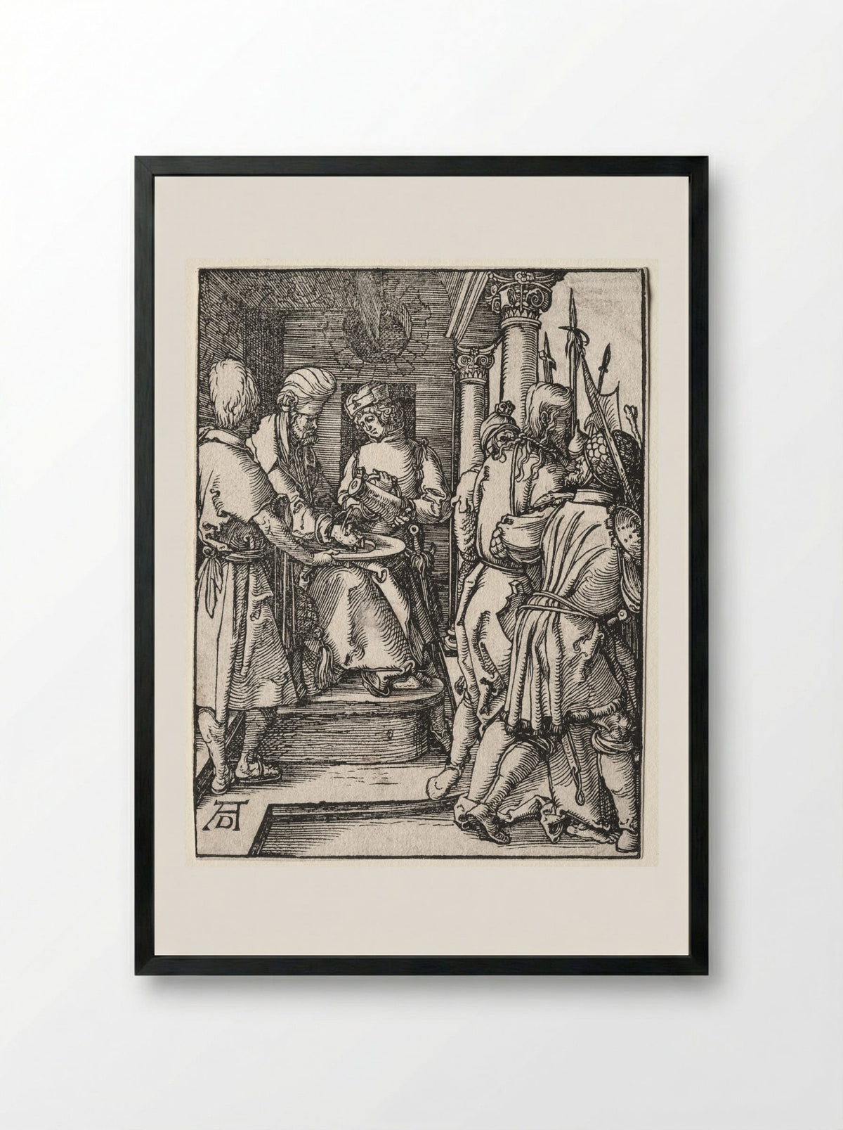 The Small Passion: Pilate Washing His Hands - Albrecht Dürer - Framed Print Black