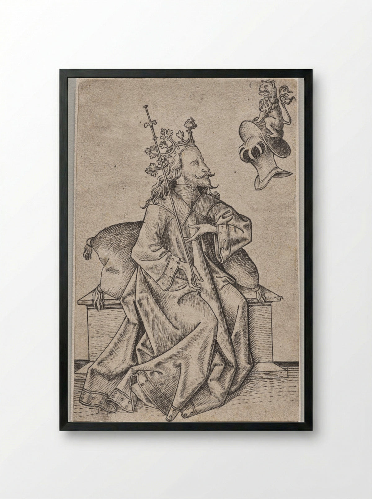 The Small Playing Cards: Second Suit: Helmets: Playing Card with King and Helmet - Master ES - Framed Print Black