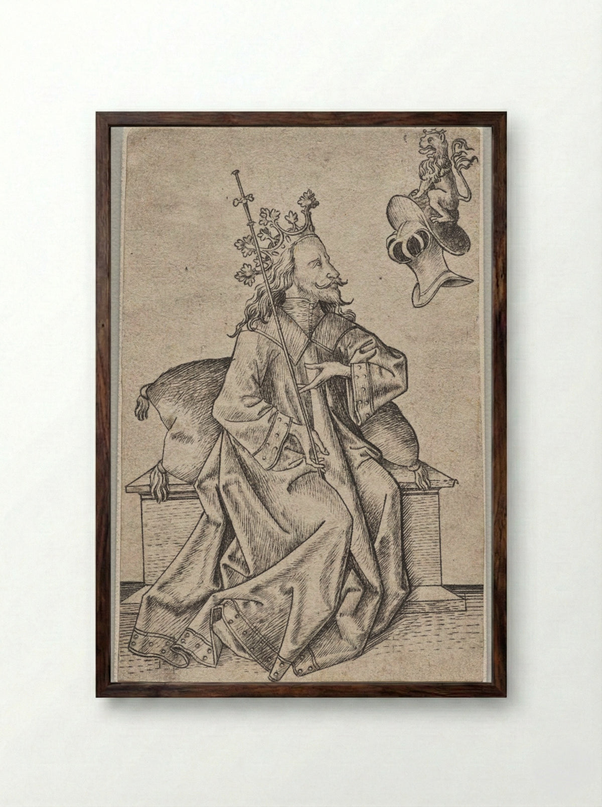 The Small Playing Cards: Second Suit: Helmets: Playing Card with King and Helmet - Master ES - Framed Print Dark Wood