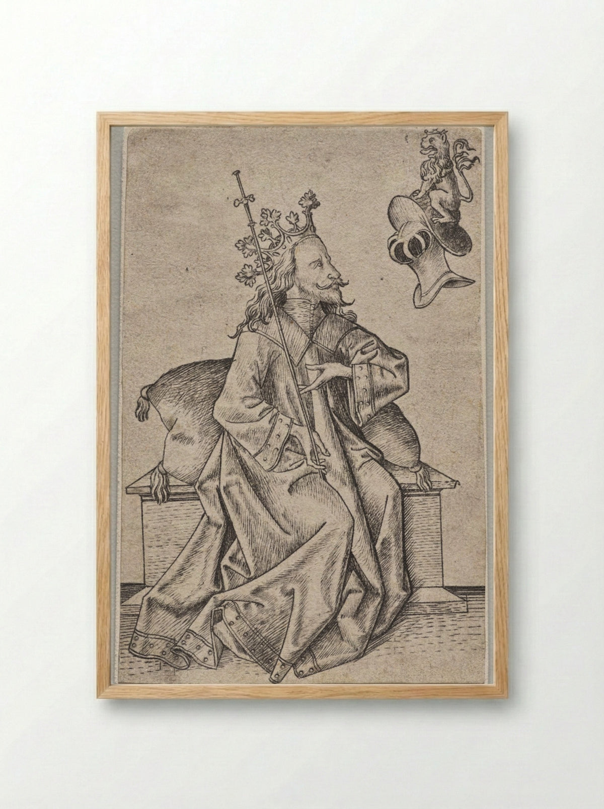 The Small Playing Cards: Second Suit: Helmets: Playing Card with King and Helmet - Master ES - Framed Print Wood